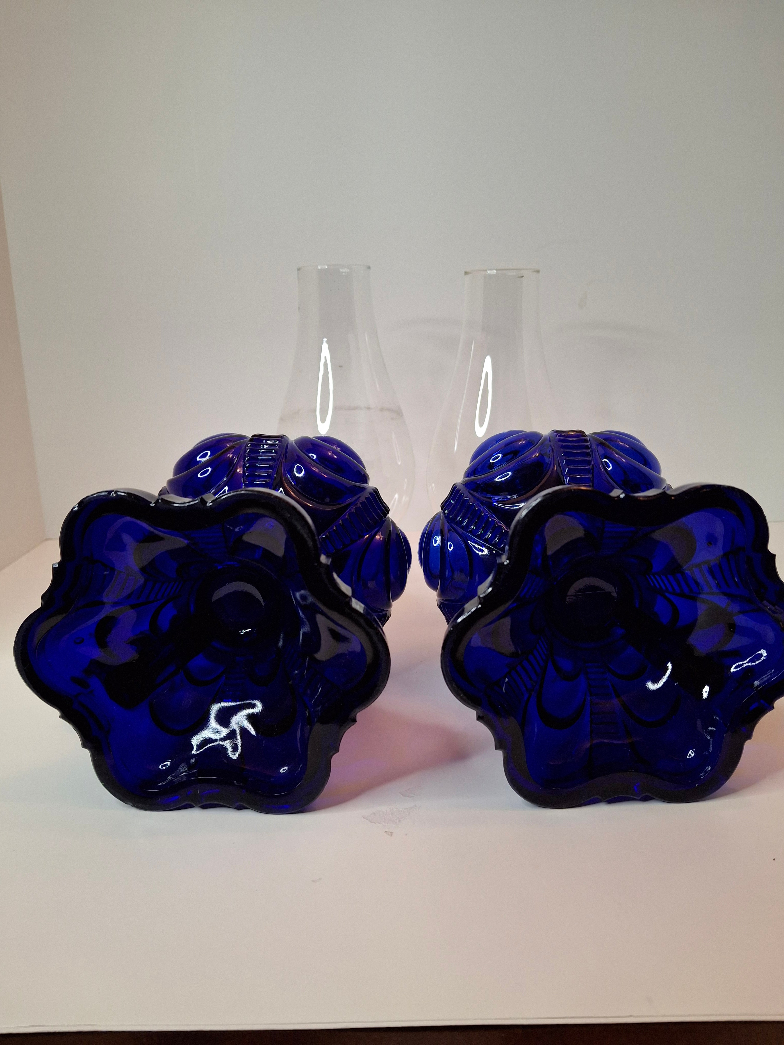 Matched Pair Antique Cobalt Blue Coolidge Drape Kerosene Lamps P&A Risdon EAPG