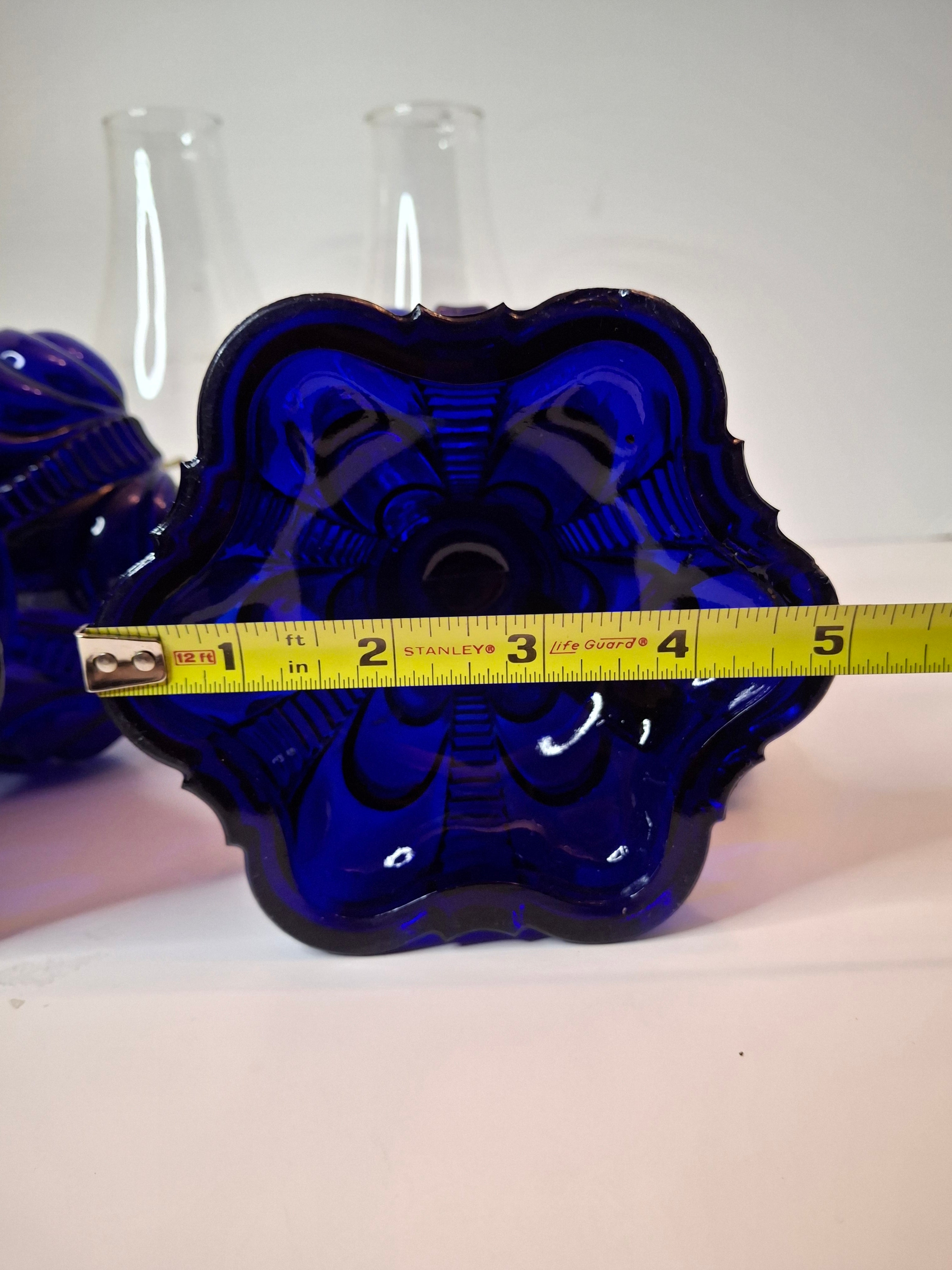 Matched Pair Antique Cobalt Blue Coolidge Drape Kerosene Lamps P&A Risdon EAPG