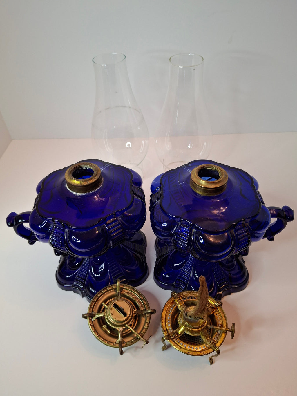 Matched Pair Antique Cobalt Blue Coolidge Drape Kerosene Lamps P&A Risdon EAPG