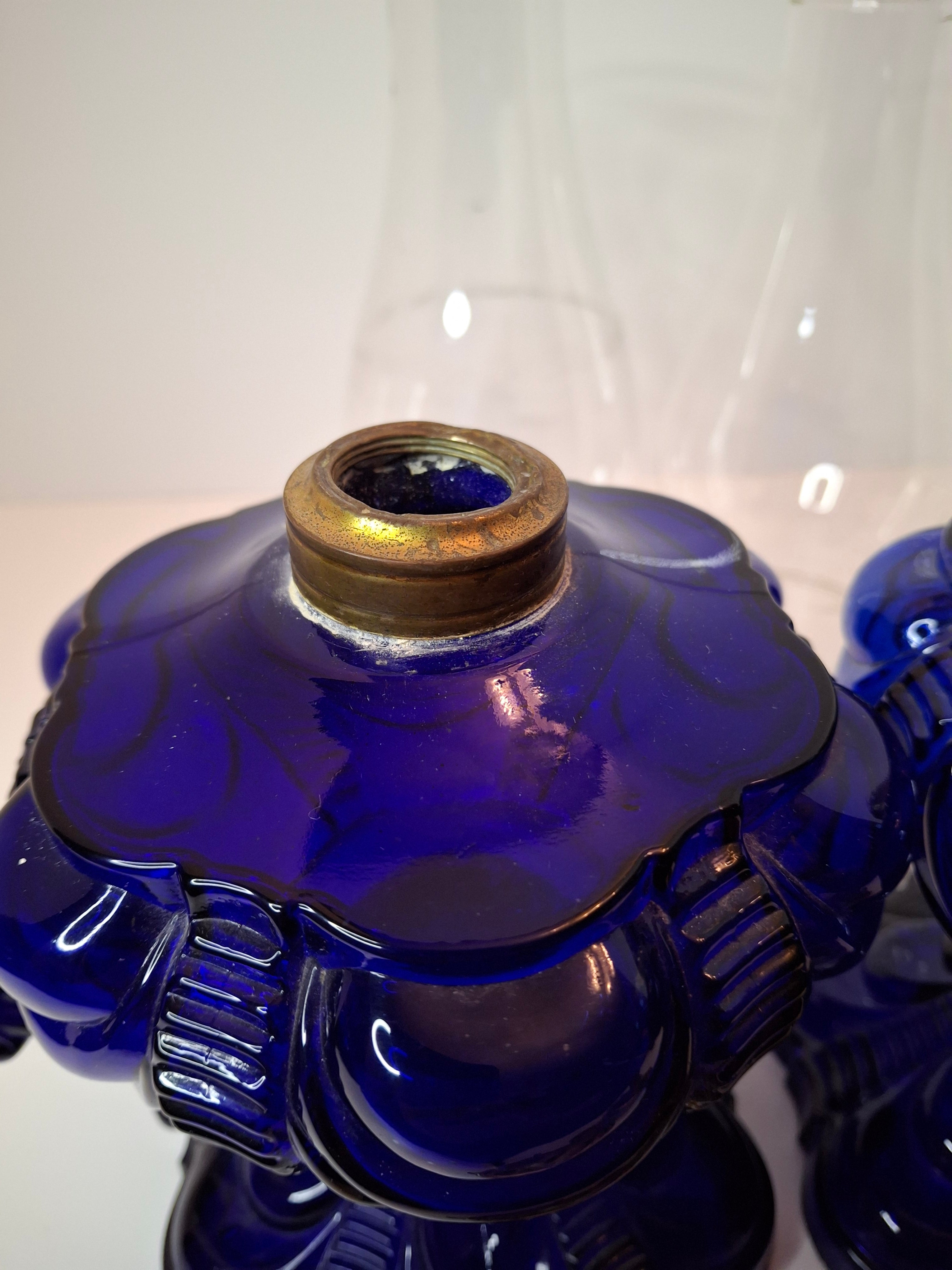 Matched Pair Antique Cobalt Blue Coolidge Drape Kerosene Lamps P&A Risdon EAPG