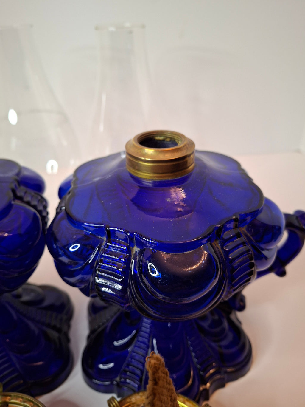 Matched Pair Antique Cobalt Blue Coolidge Drape Kerosene Lamps P&A Risdon EAPG