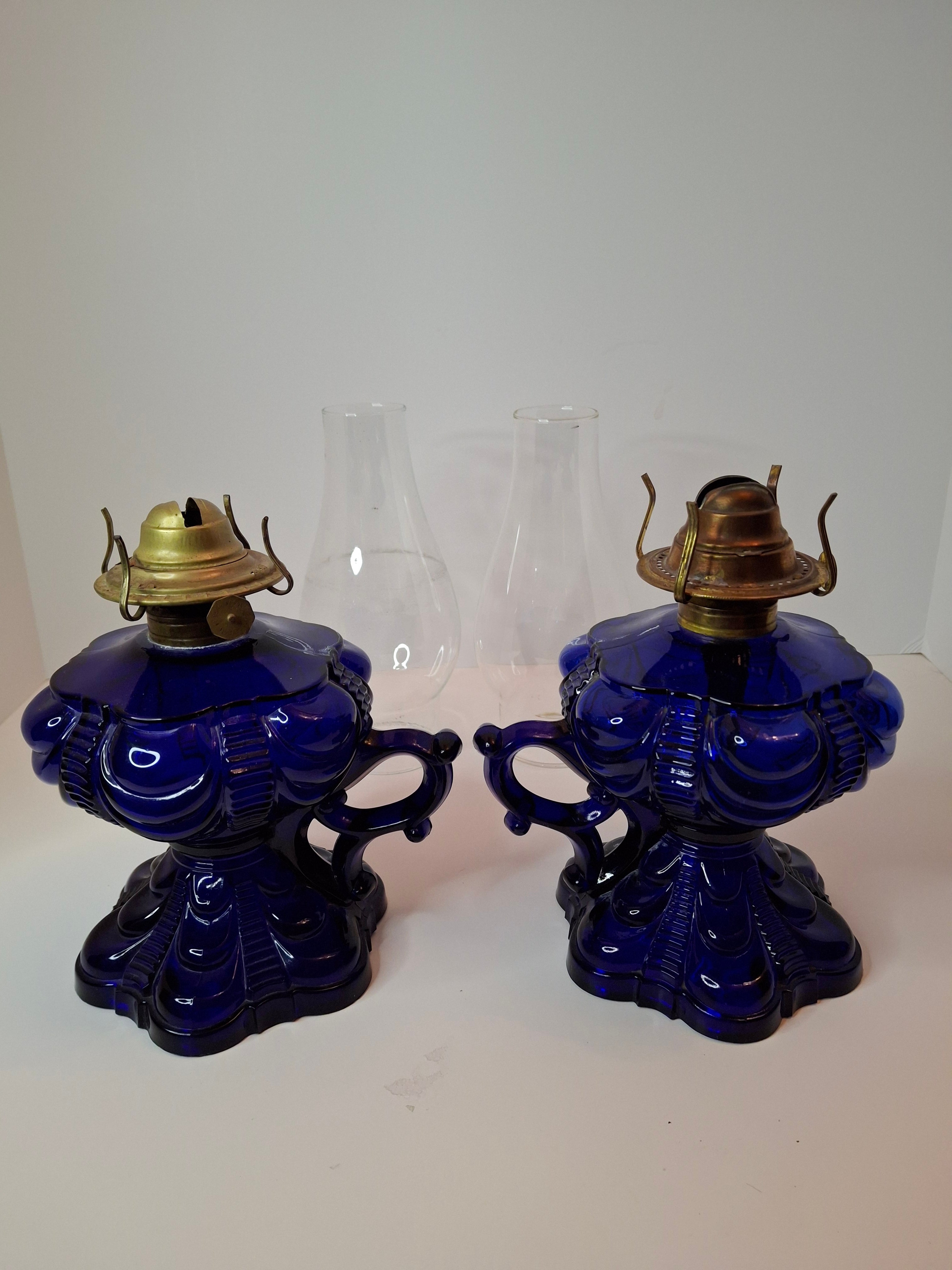 Matched Pair Antique Cobalt Blue Coolidge Drape Kerosene Lamps P&A Risdon EAPG