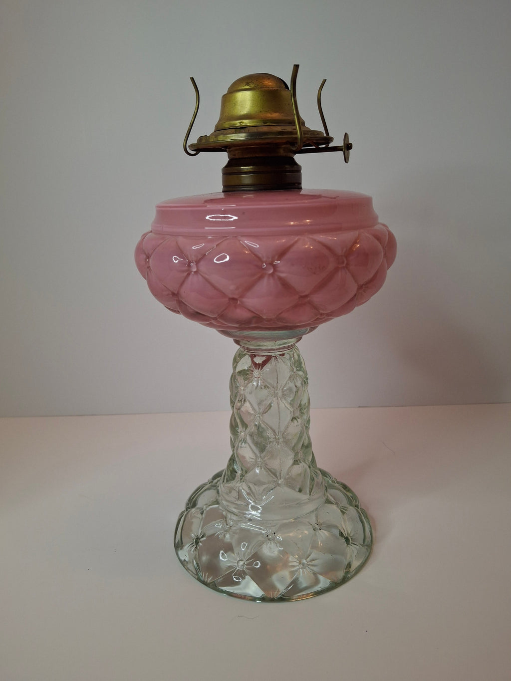 RARE PAIR Antique Consolidated Pink & Blue Cased Glass Florette Stand Lamps P&A