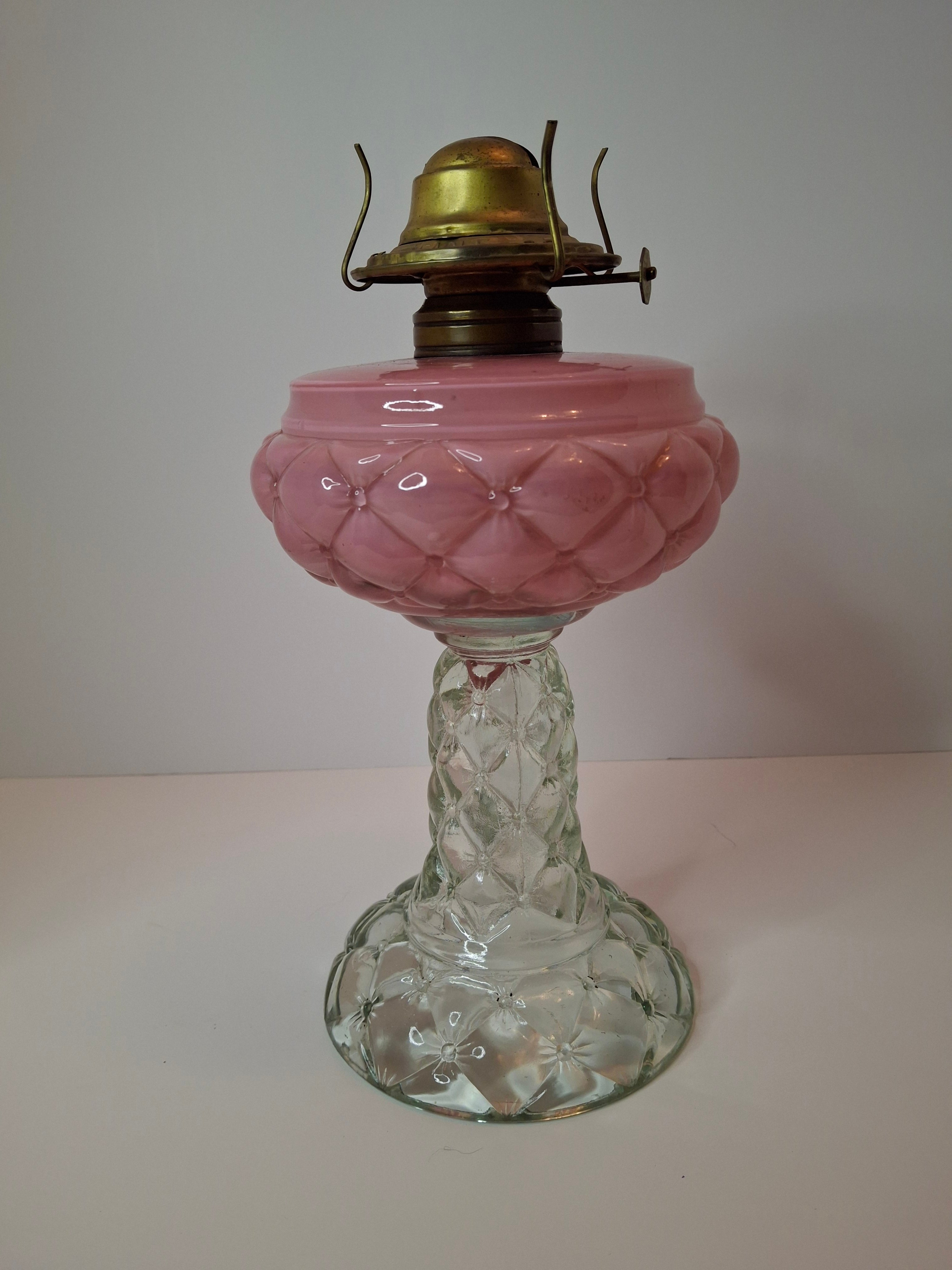 RARE PAIR Antique Consolidated Pink & Blue Cased Glass Florette Stand Lamps P&A