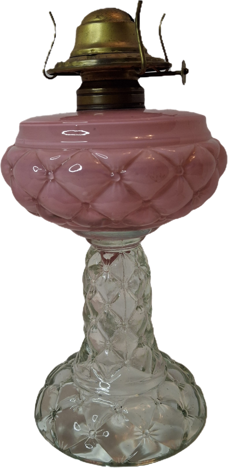RARE PAIR Antique Consolidated Pink & Blue Cased Glass Florette Stand Lamps P&A