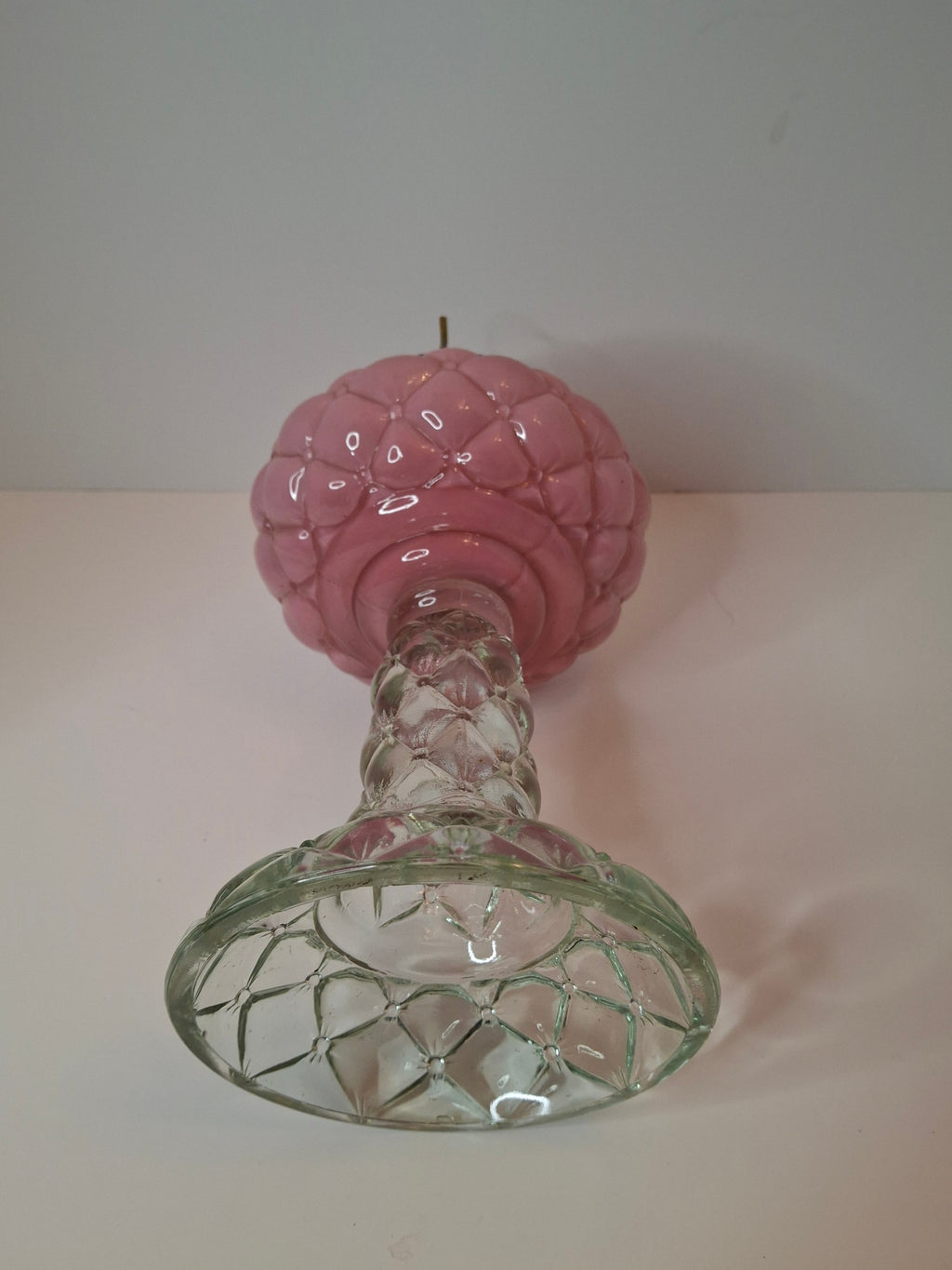 RARE PAIR Antique Consolidated Pink & Blue Cased Glass Florette Stand Lamps P&A