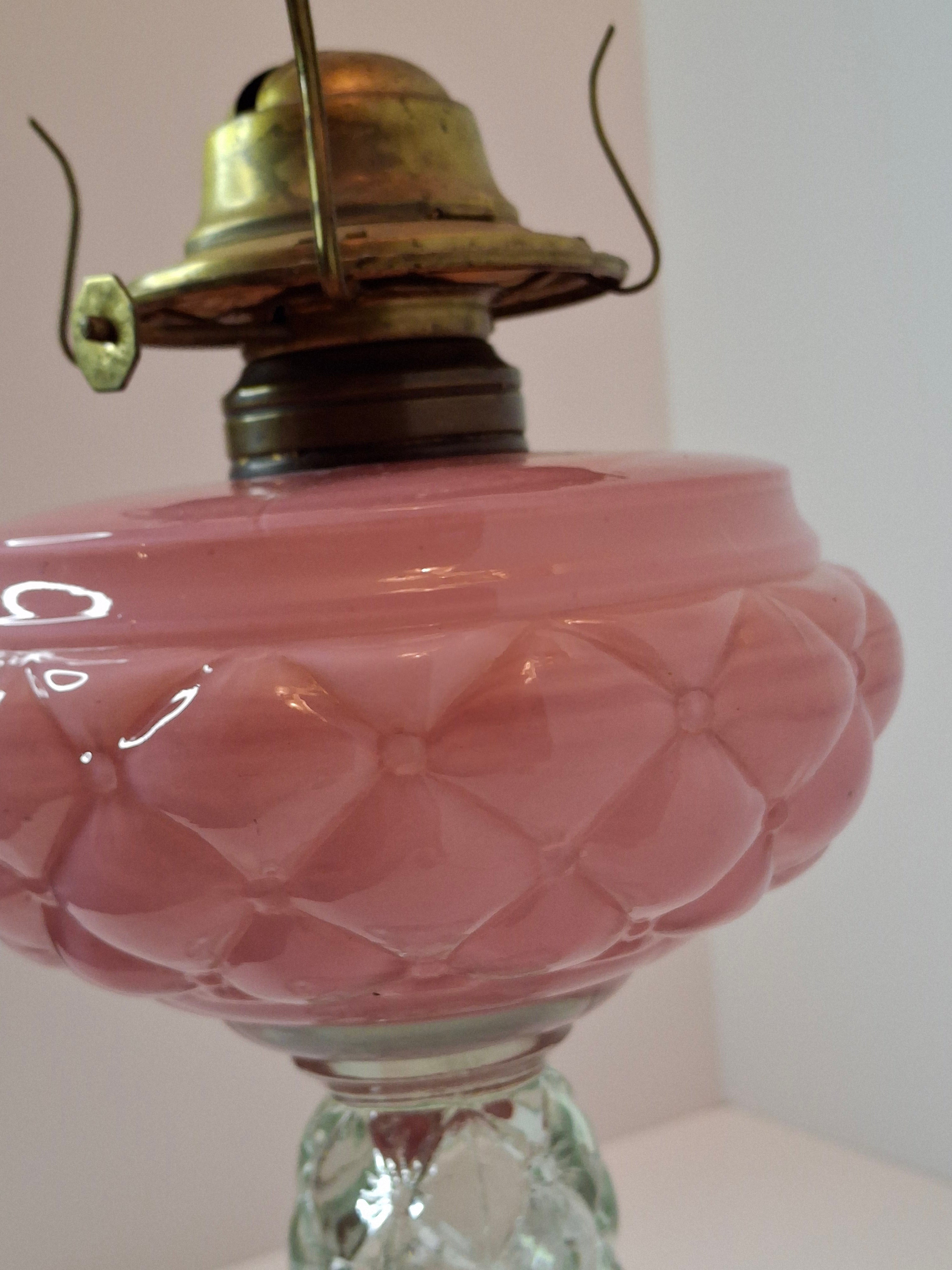RARE PAIR Antique Consolidated Pink & Blue Cased Glass Florette Stand Lamps P&A