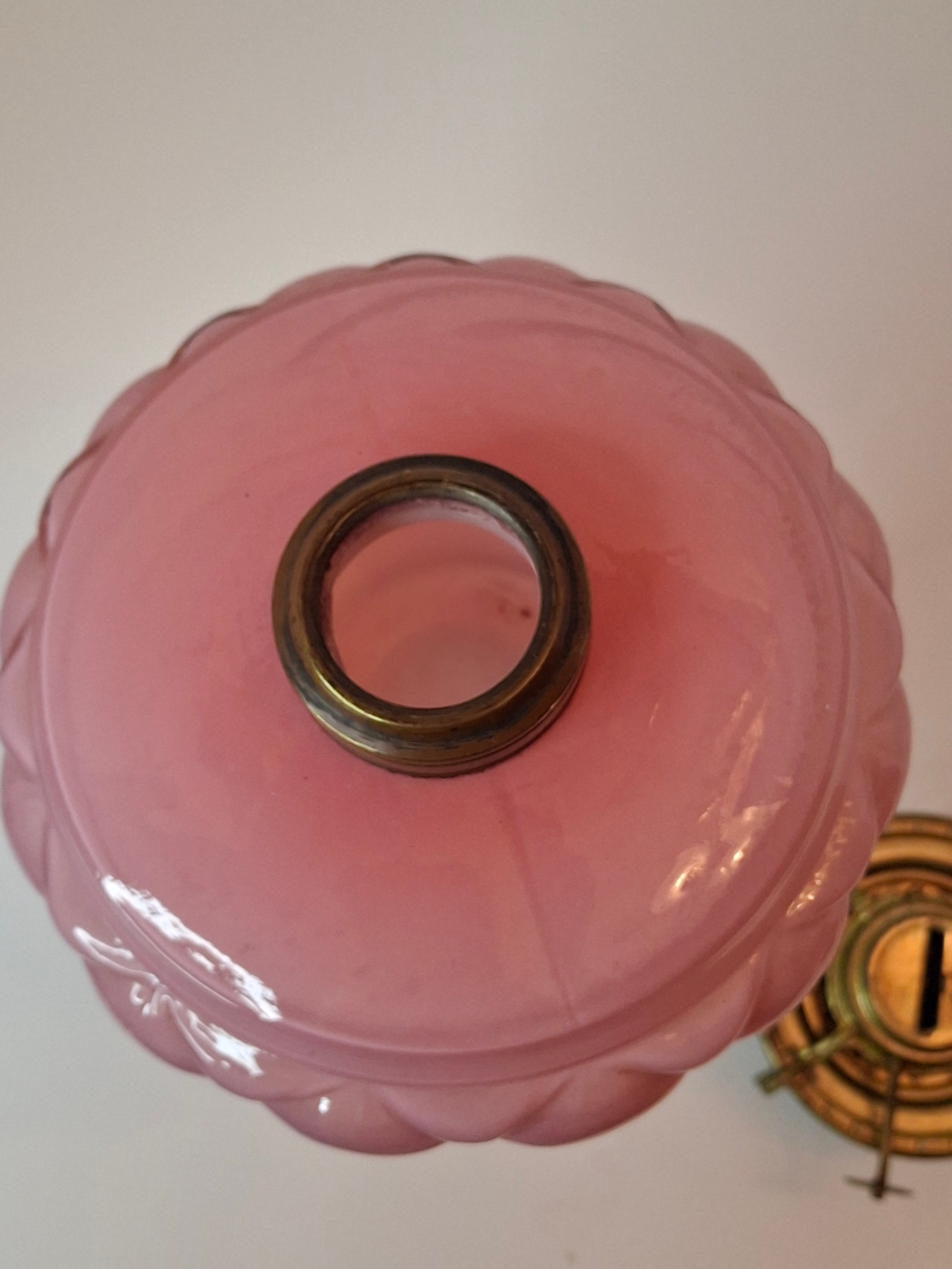RARE PAIR Antique Consolidated Pink & Blue Cased Glass Florette Stand Lamps P&A