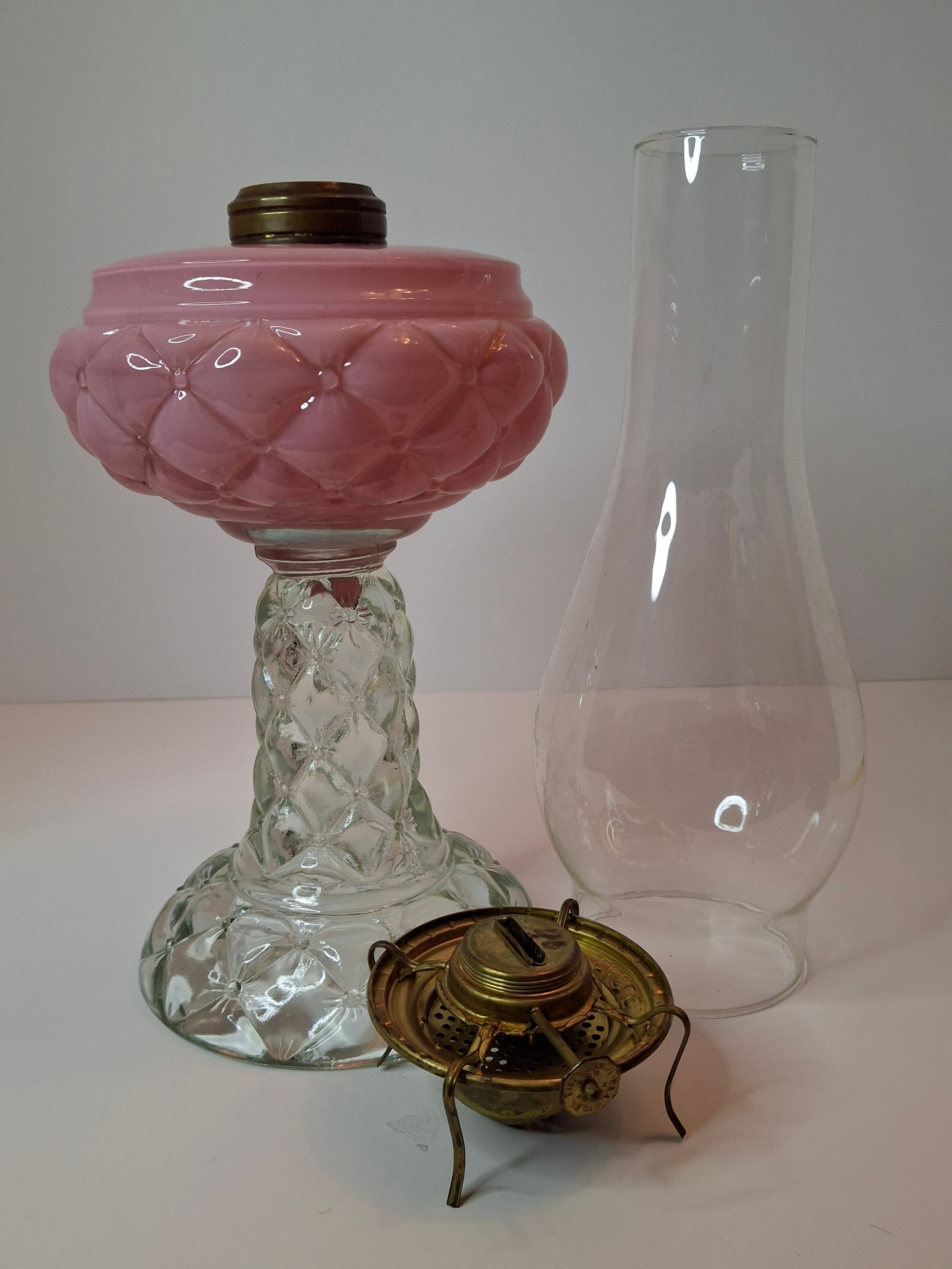 RARE PAIR Antique Consolidated Pink & Blue Cased Glass Florette Stand Lamps P&A