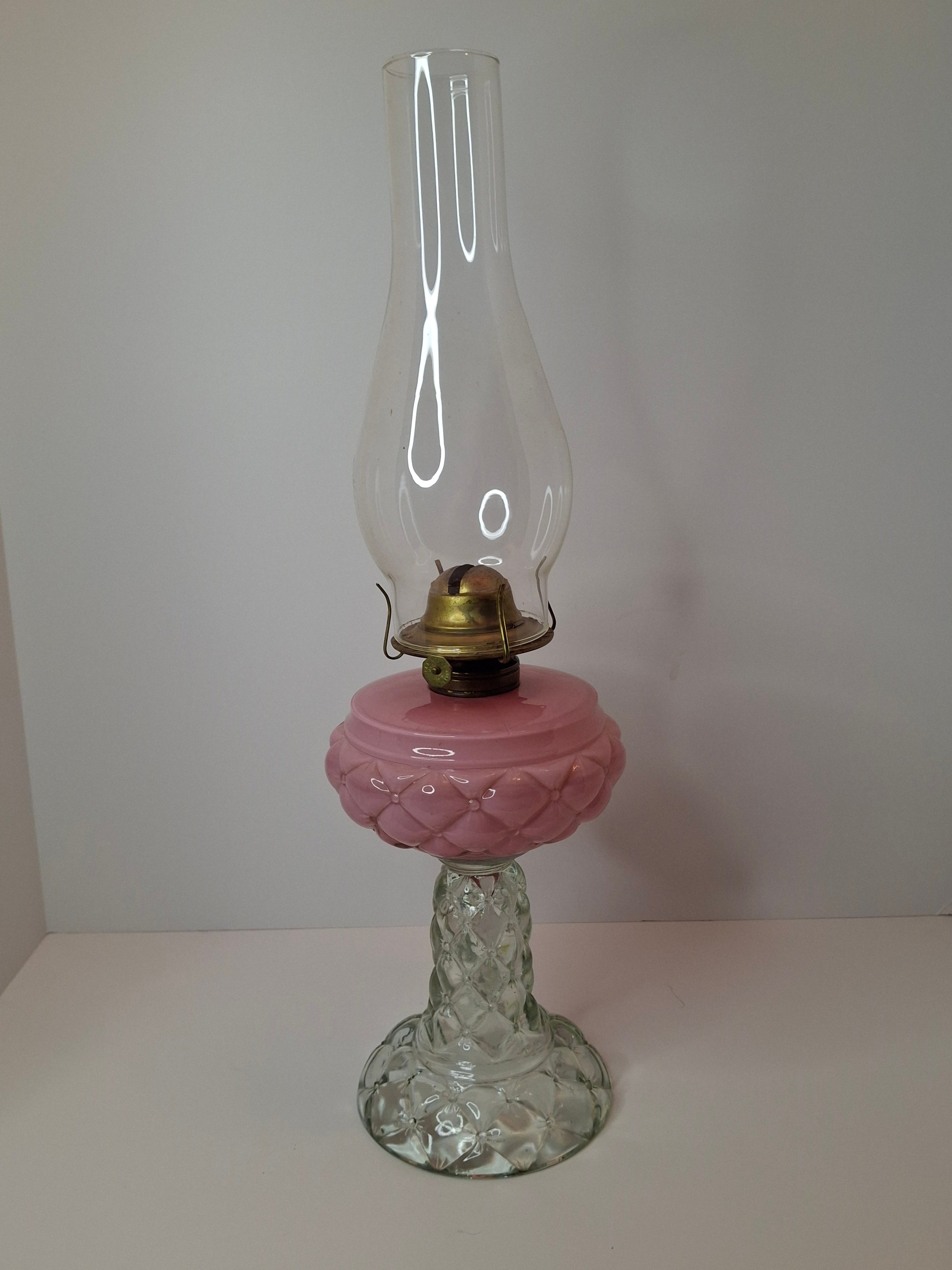 RARE PAIR Antique Consolidated Pink & Blue Cased Glass Florette Stand Lamps P&A