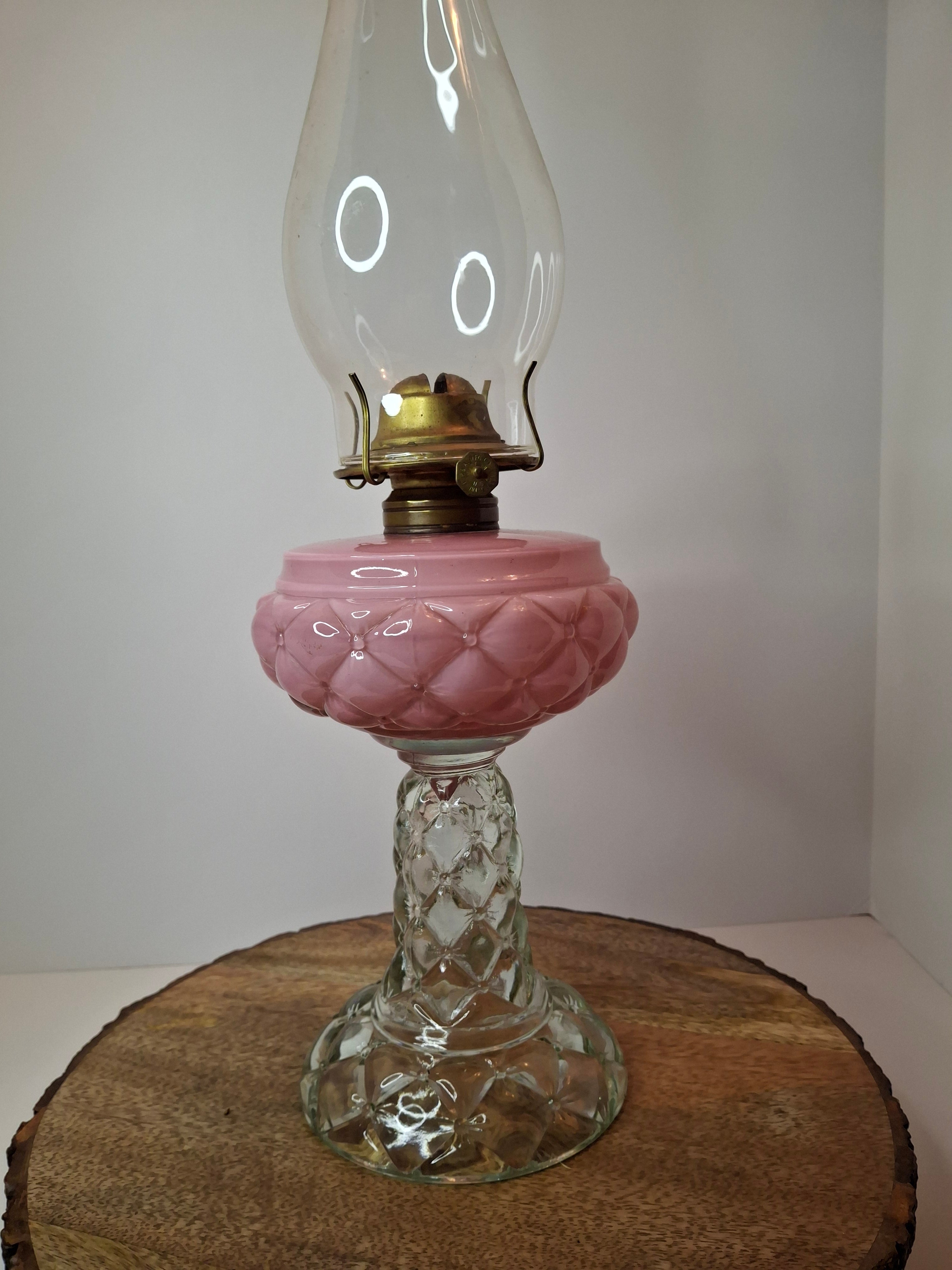 RARE PAIR Antique Consolidated Pink & Blue Cased Glass Florette Stand Lamps P&A
