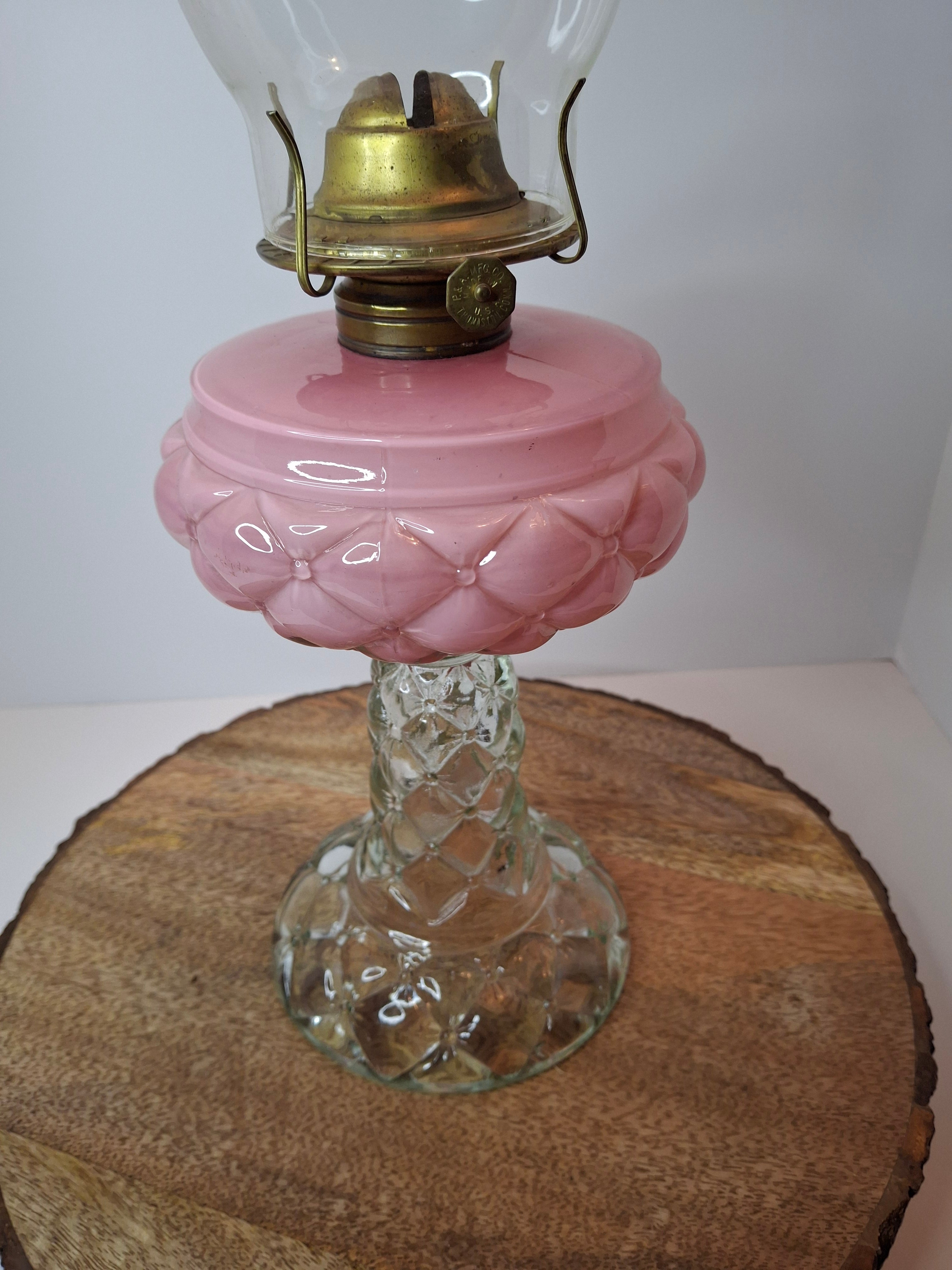 RARE PAIR Antique Consolidated Pink & Blue Cased Glass Florette Stand Lamps P&A