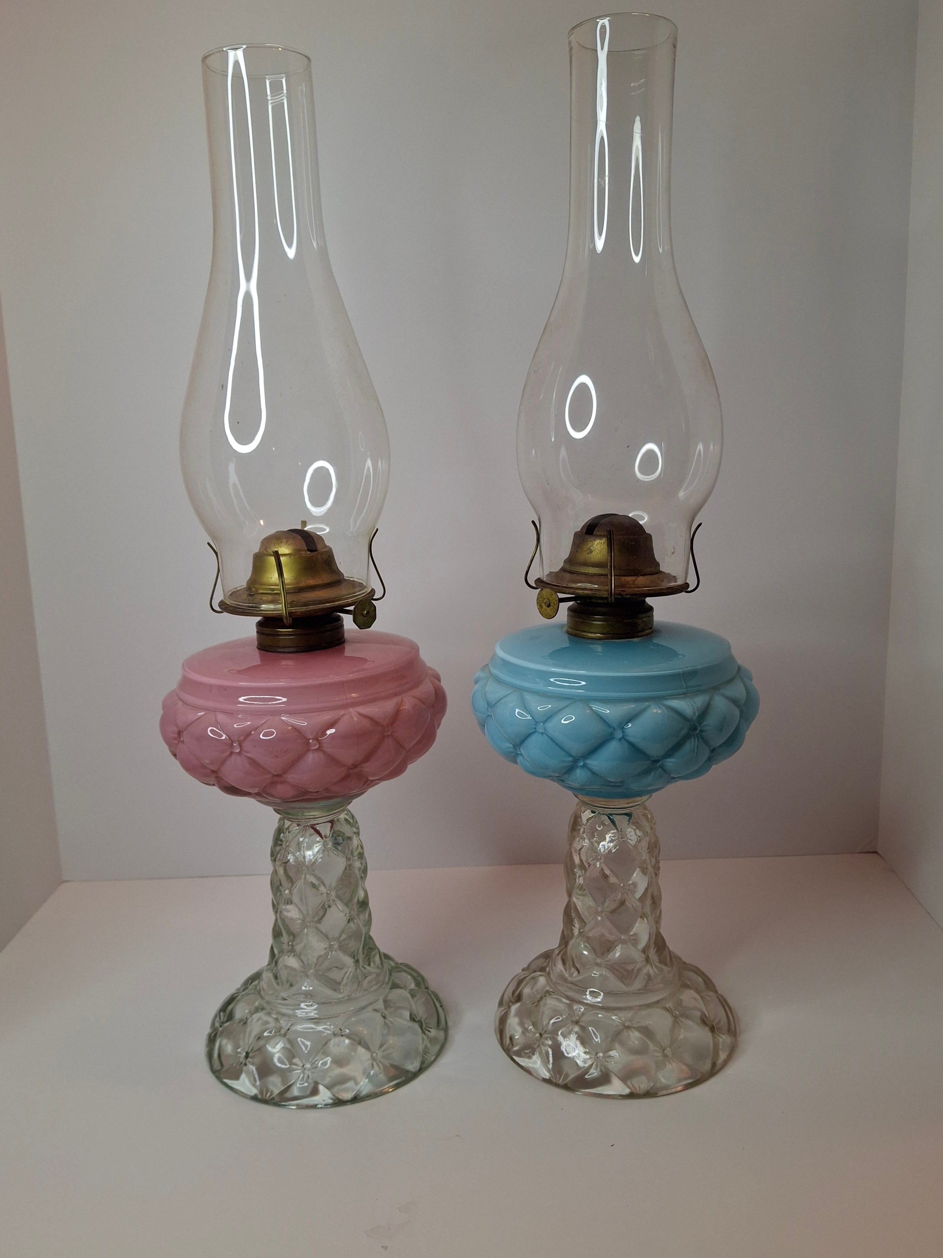 RARE PAIR Antique Consolidated Pink & Blue Cased Glass Florette Stand Lamps P&A
