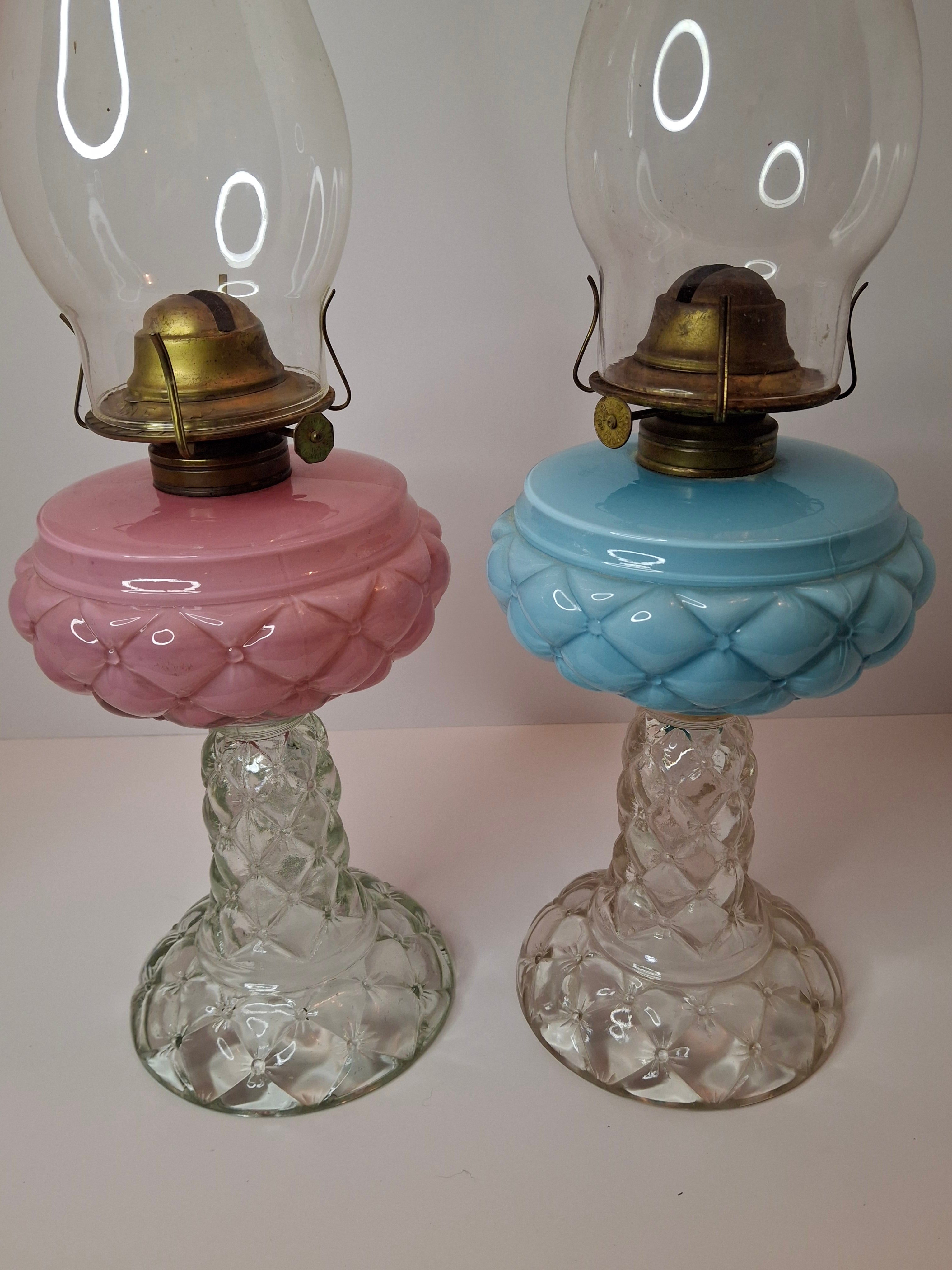 RARE PAIR Antique Consolidated Pink & Blue Cased Glass Florette Stand Lamps P&A
