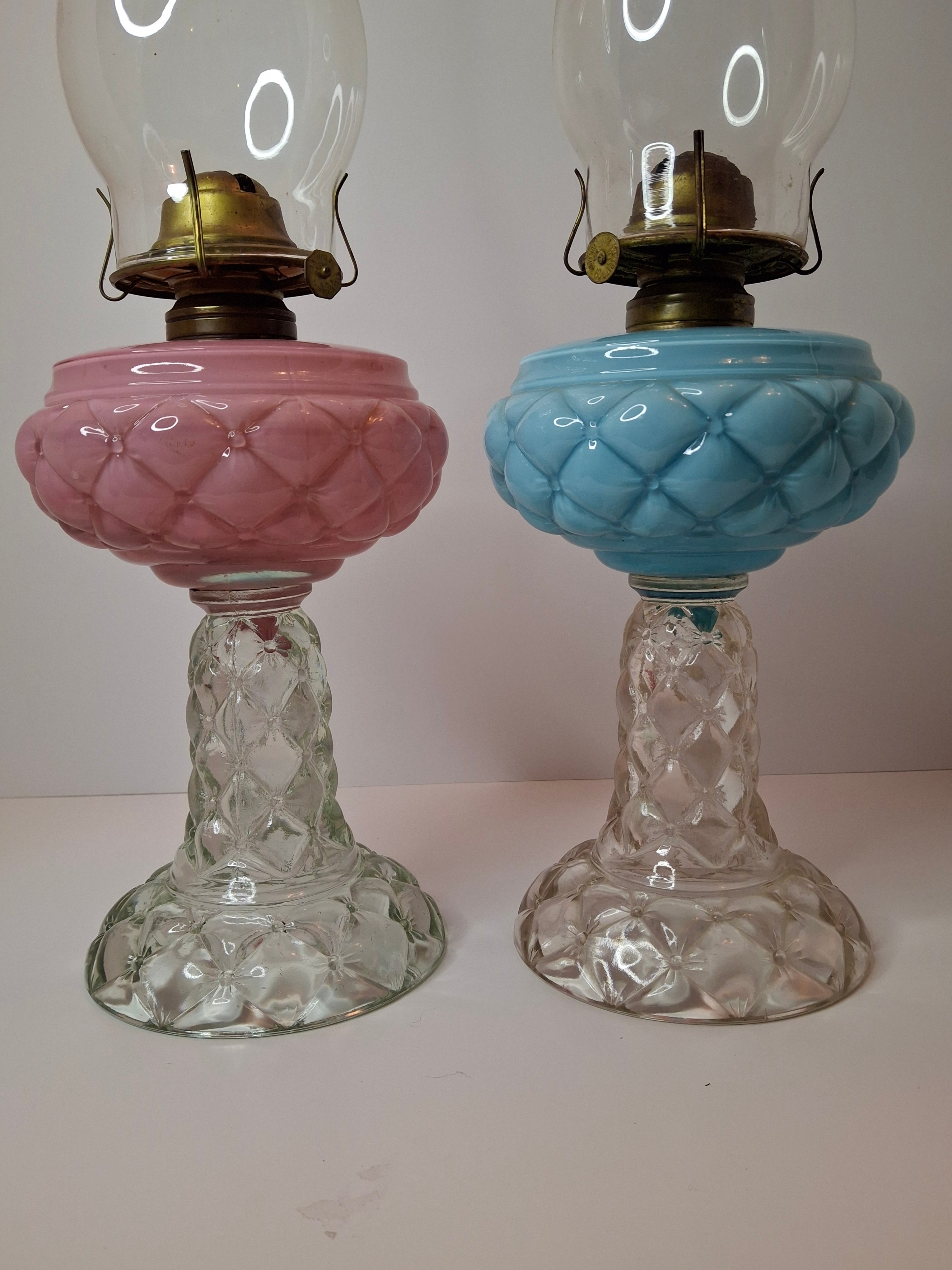 RARE PAIR Antique Consolidated Pink & Blue Cased Glass Florette Stand Lamps P&A
