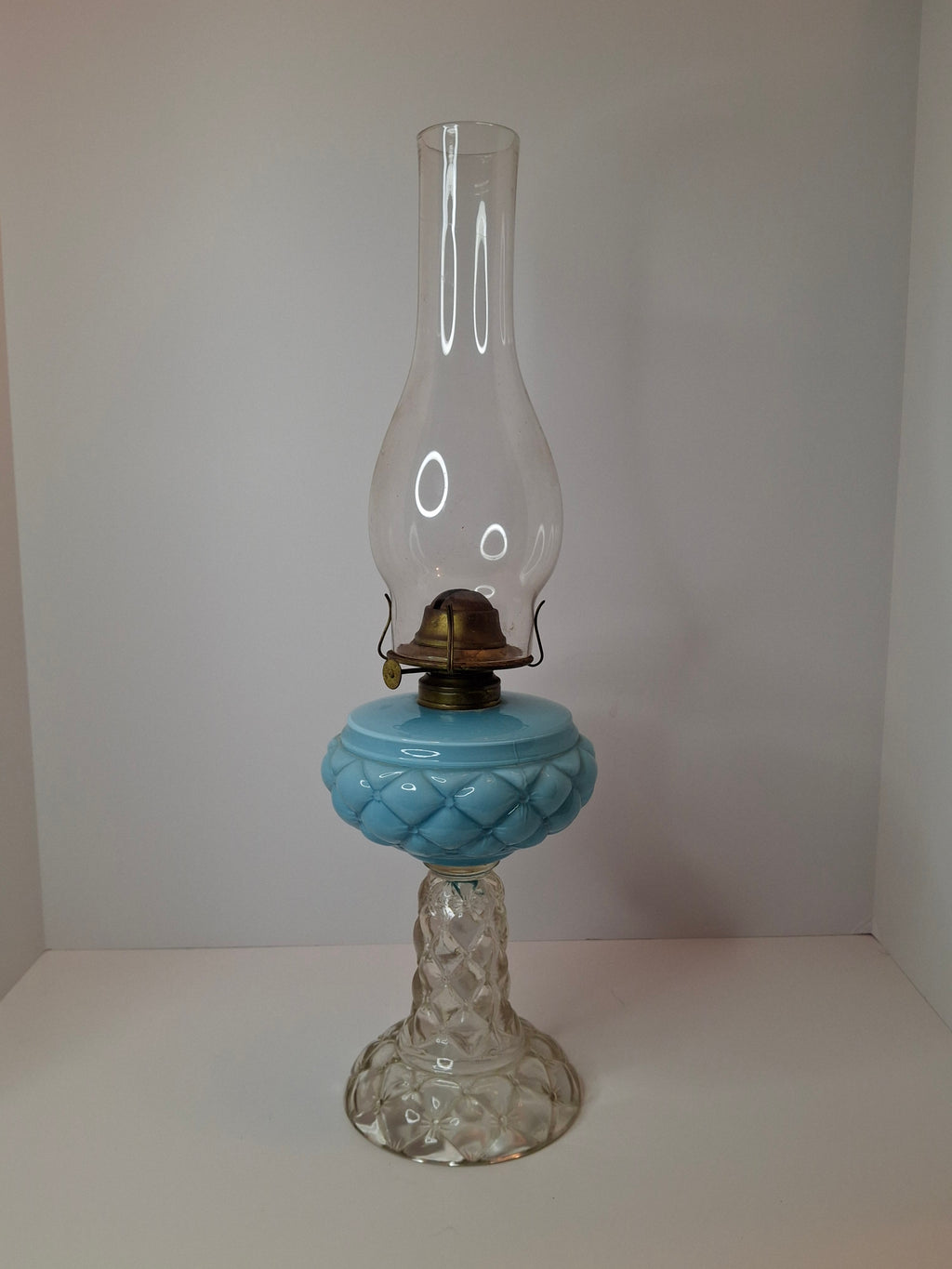 RARE PAIR Antique Consolidated Pink & Blue Cased Glass Florette Stand Lamps P&A