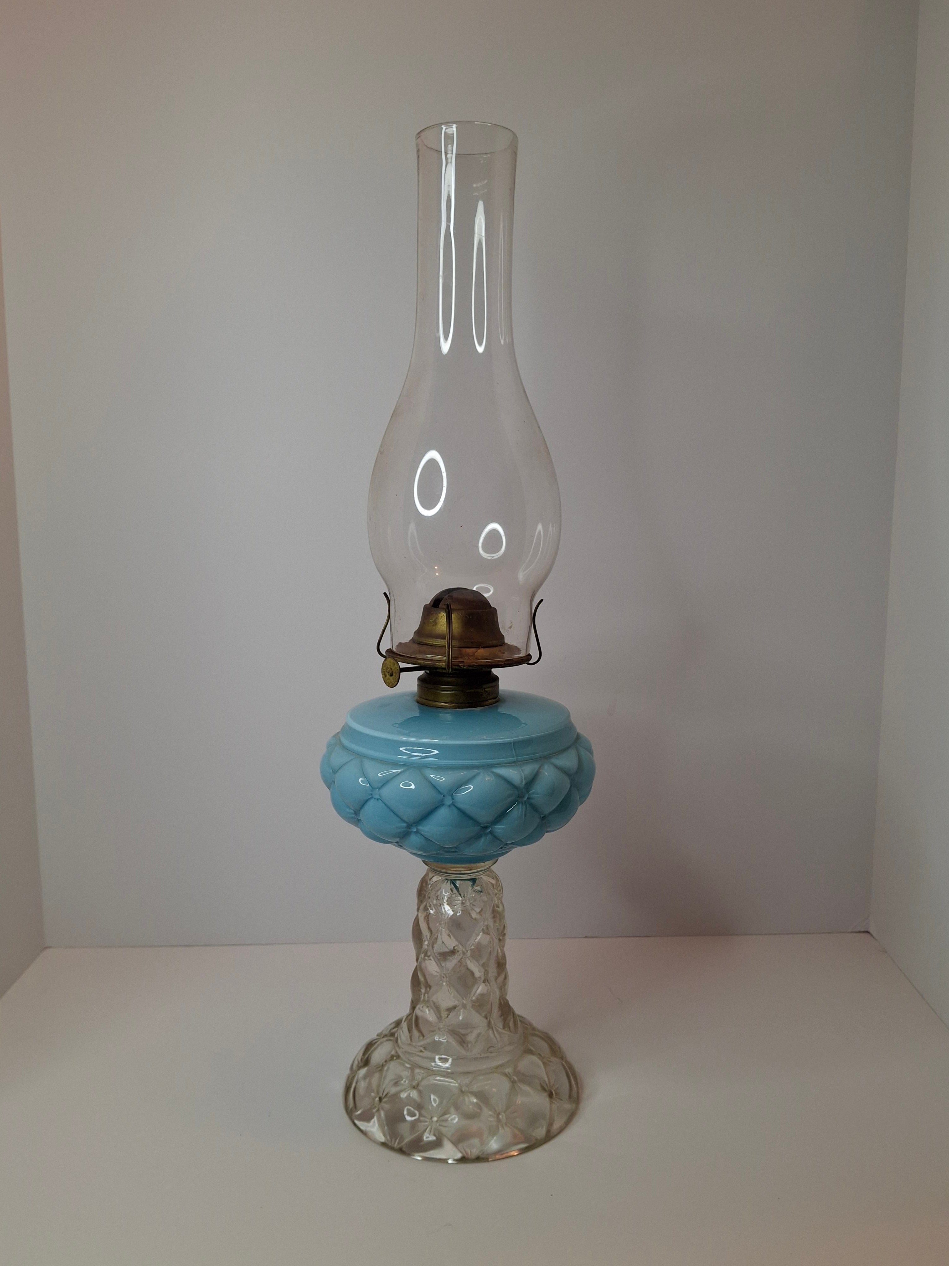 RARE PAIR Antique Consolidated Pink & Blue Cased Glass Florette Stand Lamps P&A