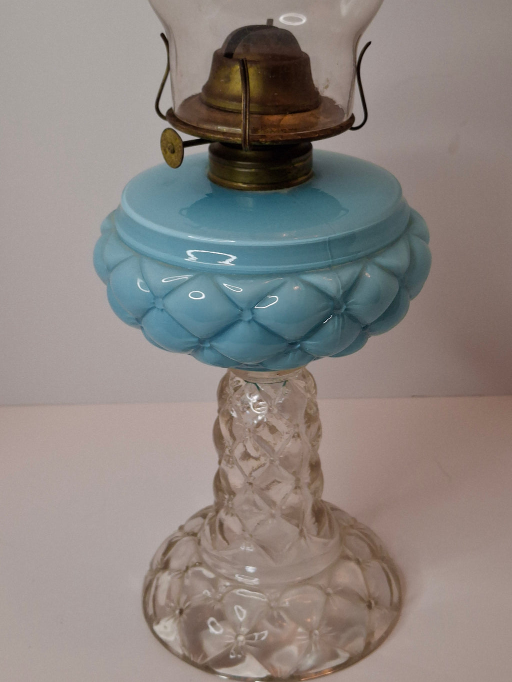 RARE PAIR Antique Consolidated Pink & Blue Cased Glass Florette Stand Lamps P&A