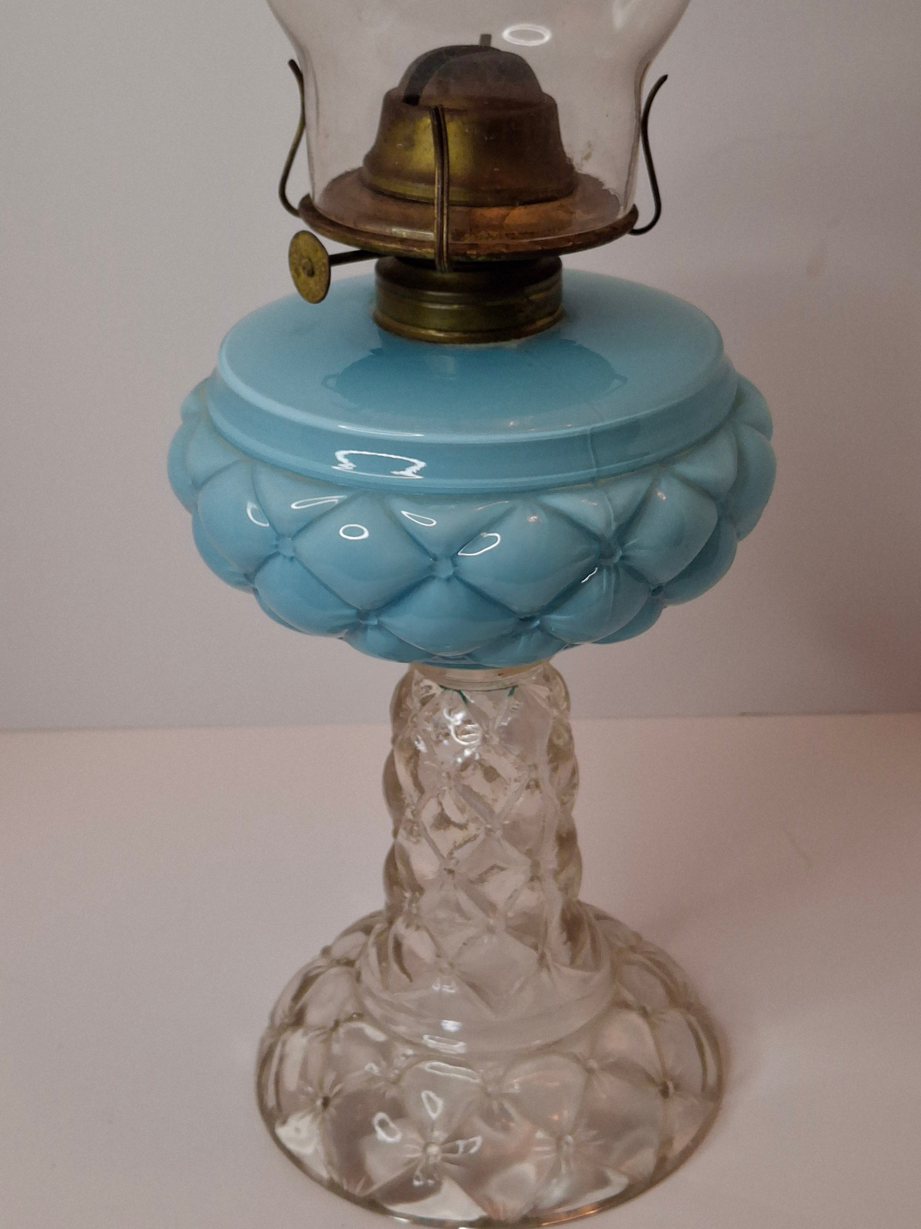 RARE PAIR Antique Consolidated Pink & Blue Cased Glass Florette Stand Lamps P&A