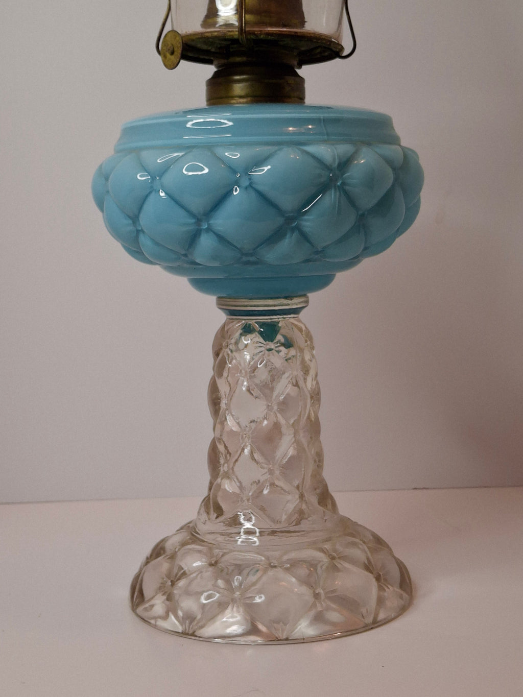 RARE PAIR Antique Consolidated Pink & Blue Cased Glass Florette Stand Lamps P&A