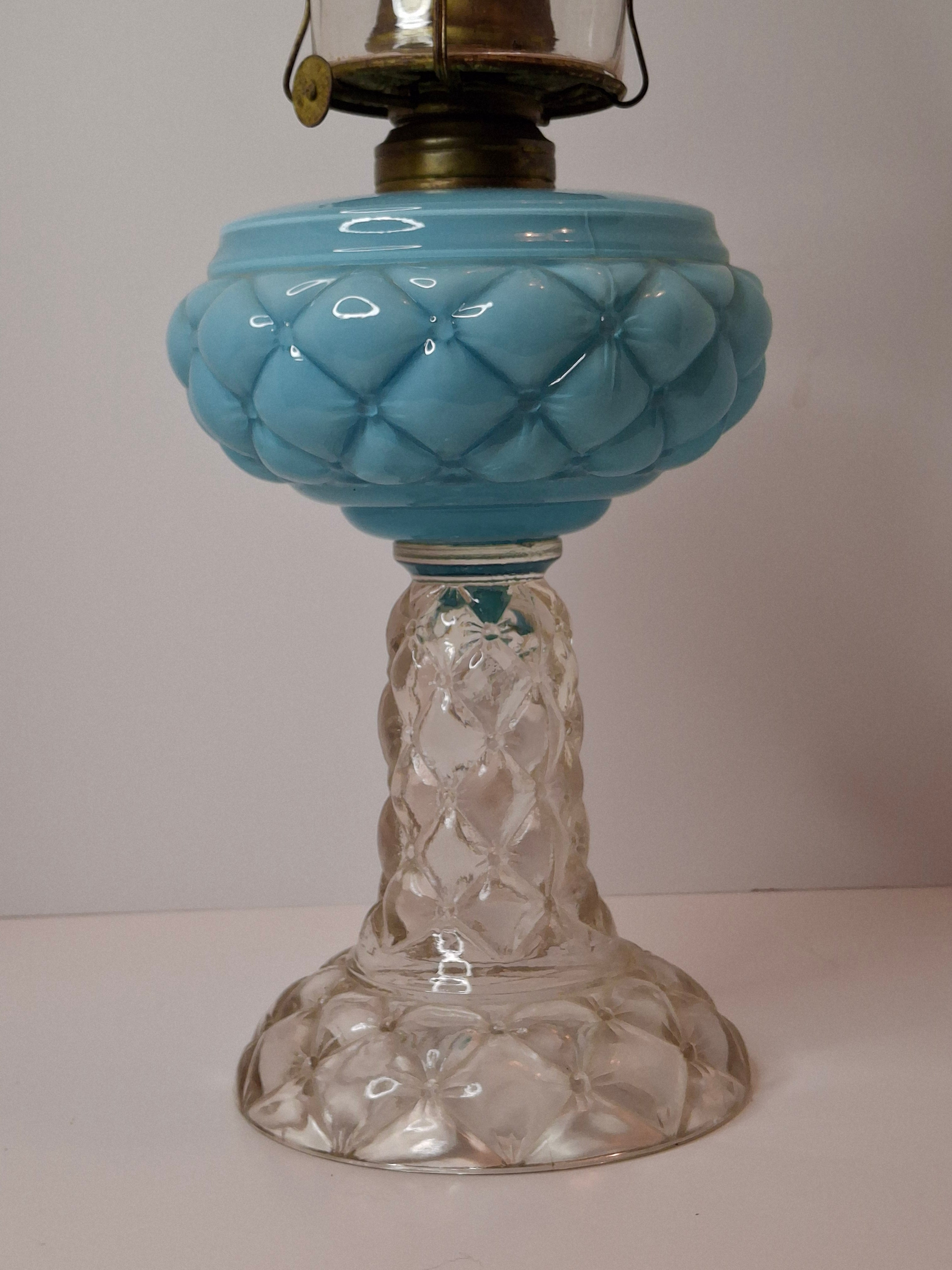 RARE PAIR Antique Consolidated Pink & Blue Cased Glass Florette Stand Lamps P&A