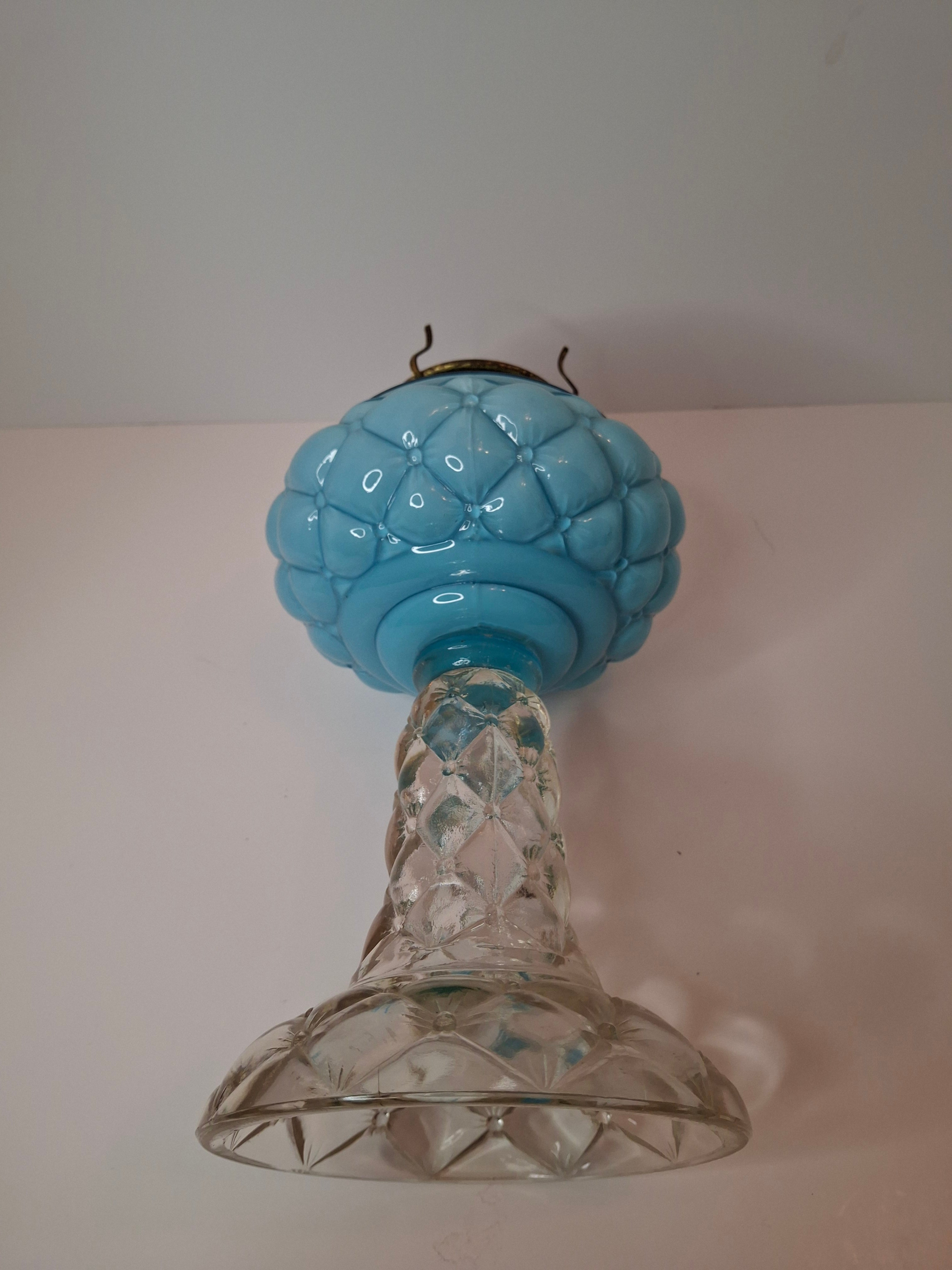 RARE PAIR Antique Consolidated Pink & Blue Cased Glass Florette Stand Lamps P&A