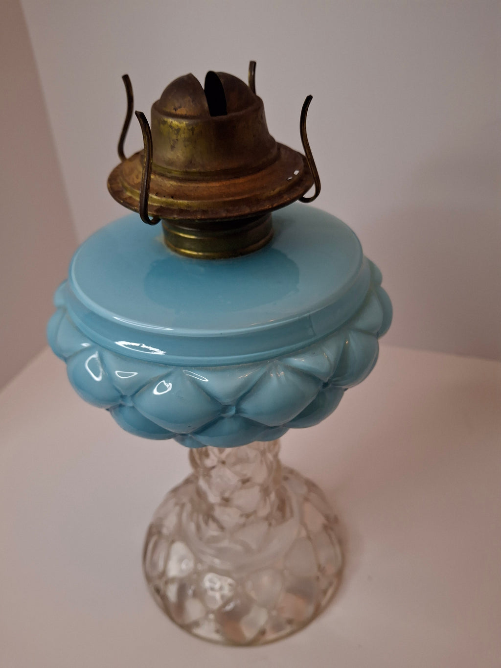 RARE PAIR Antique Consolidated Pink & Blue Cased Glass Florette Stand Lamps P&A