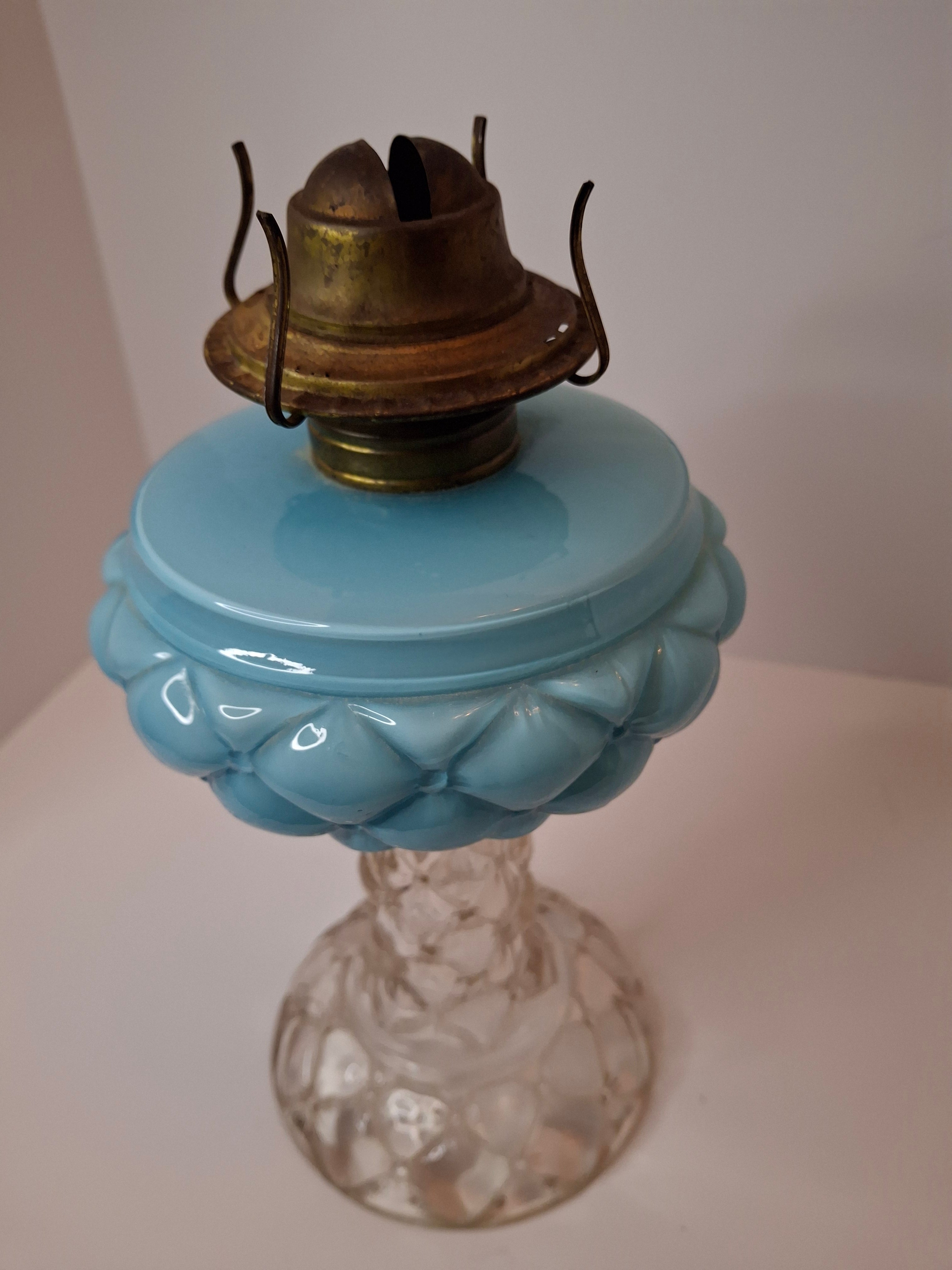 RARE PAIR Antique Consolidated Pink & Blue Cased Glass Florette Stand Lamps P&A