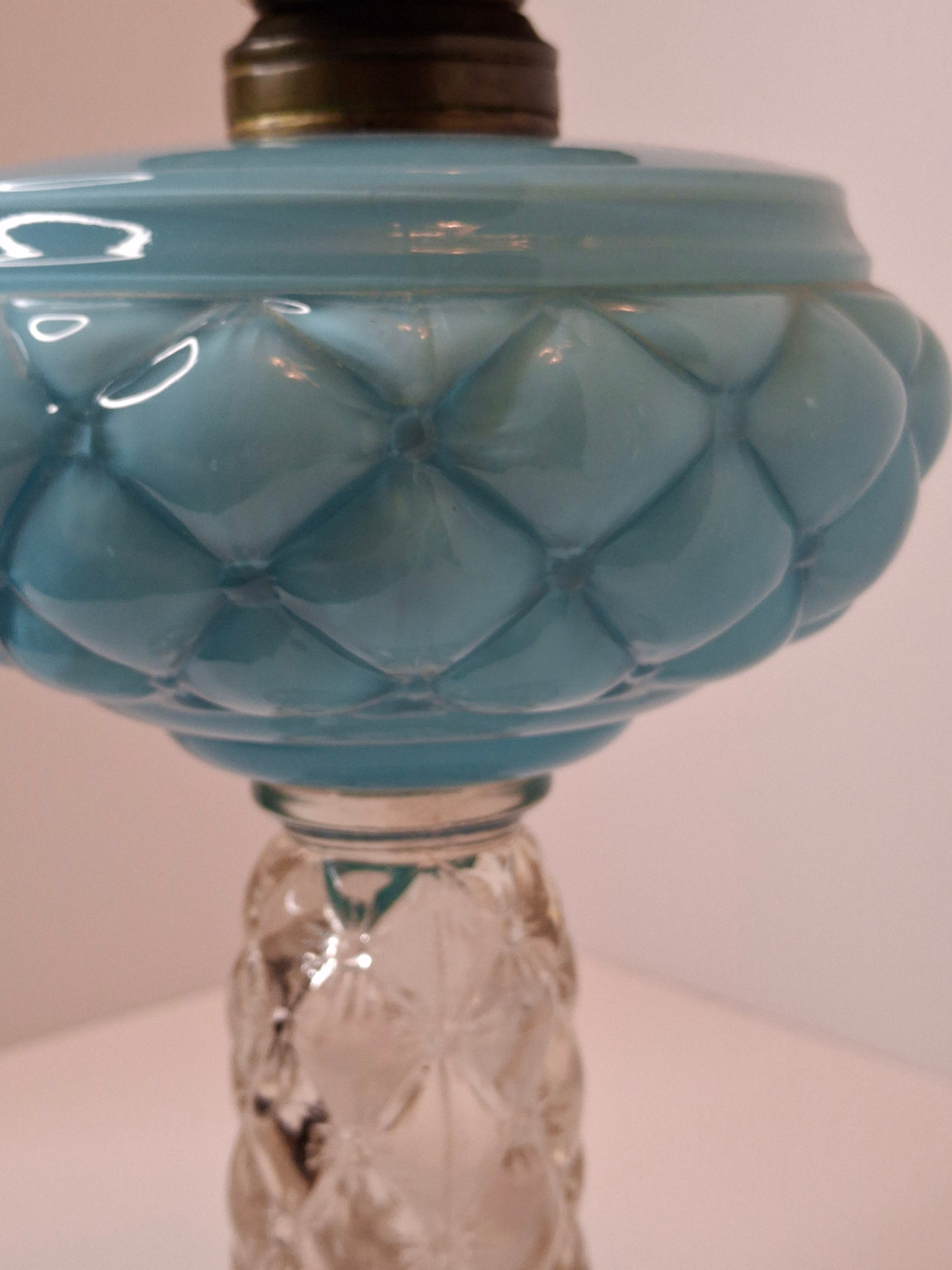 RARE PAIR Antique Consolidated Pink & Blue Cased Glass Florette Stand Lamps P&A