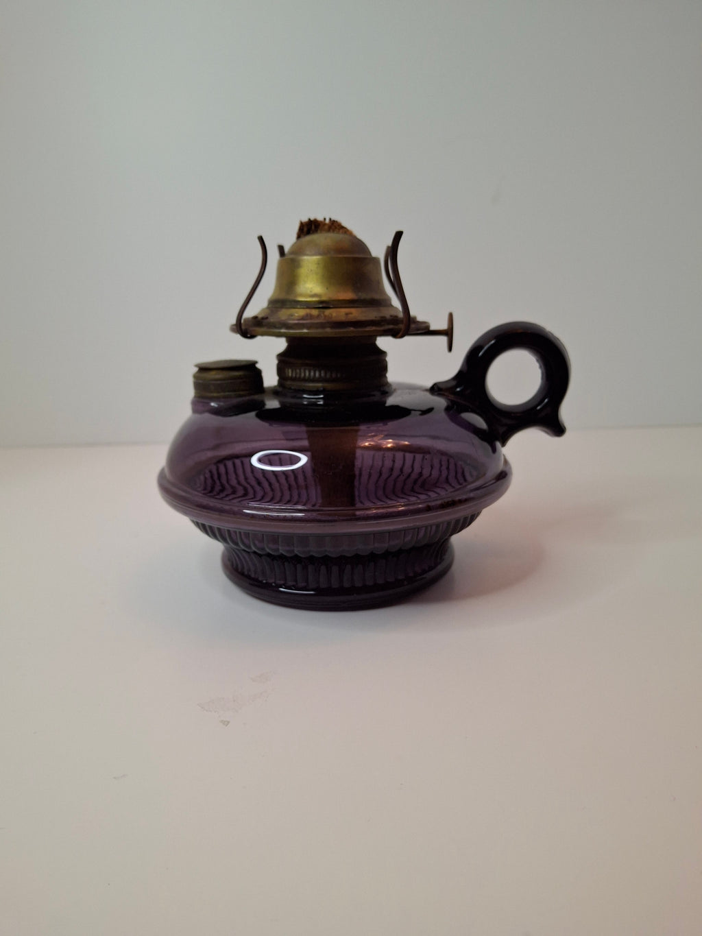 Antique Amethyst Glass Finger Lamp w/ Side Fill & Eagle Burner, Victorian Oil Lamp