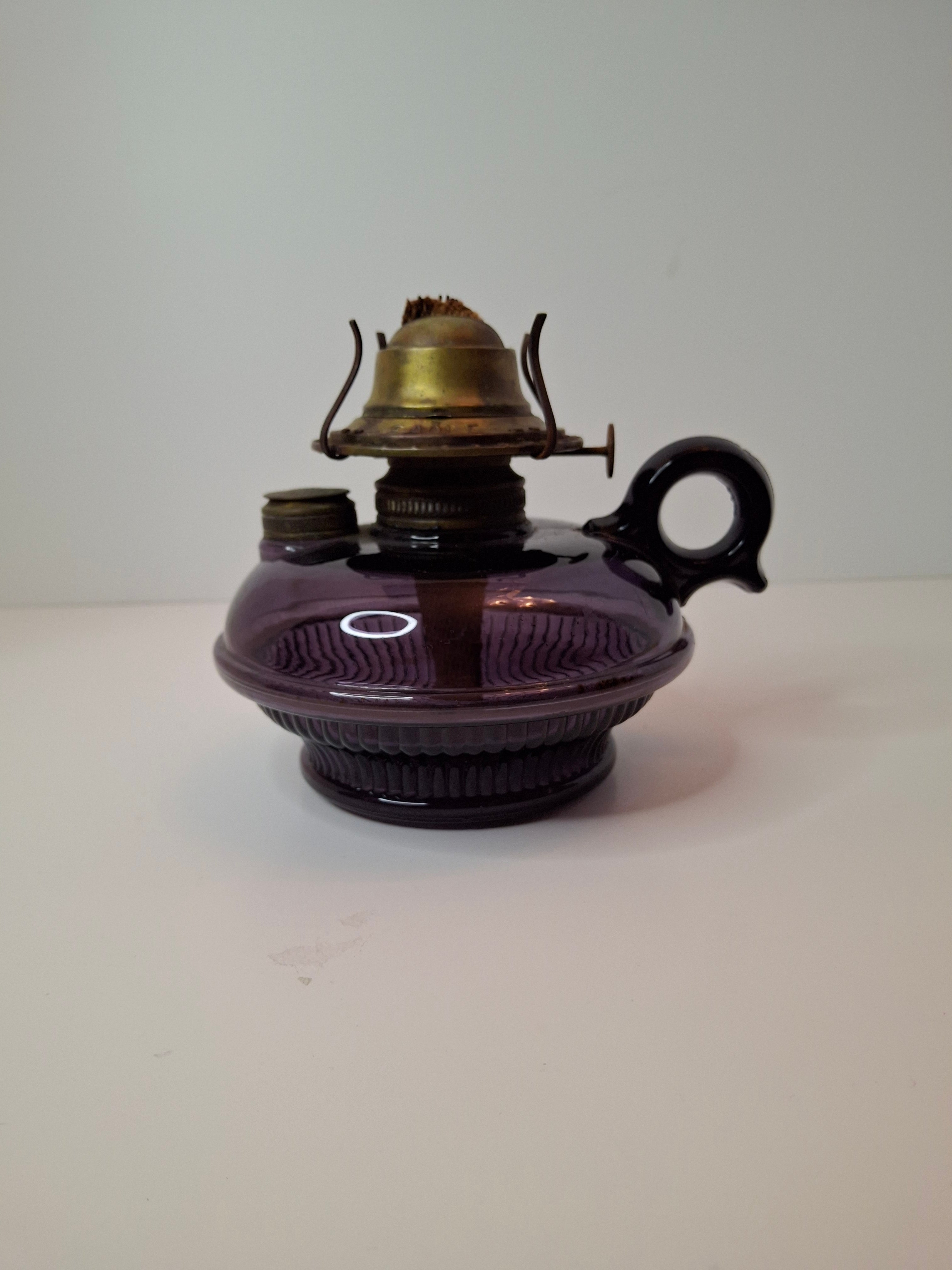 Antique Amethyst Glass Finger Lamp w/ Side Fill & Eagle Burner, Victorian Oil Lamp