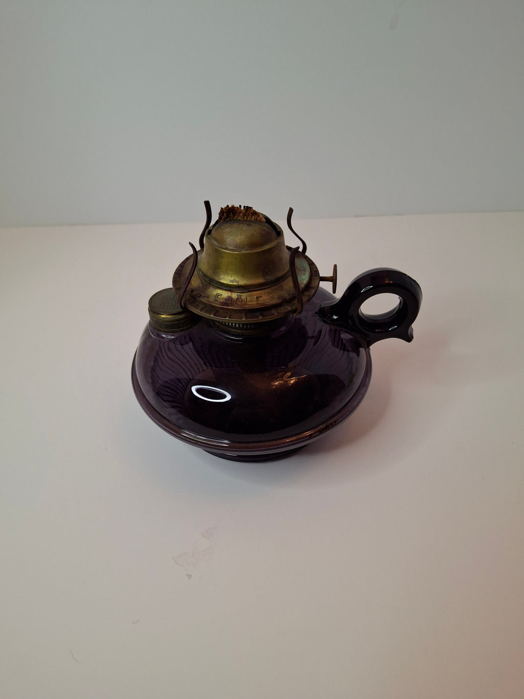 Antique Amethyst Glass Finger Lamp w/ Side Fill & Eagle Burner, Victorian Oil Lamp