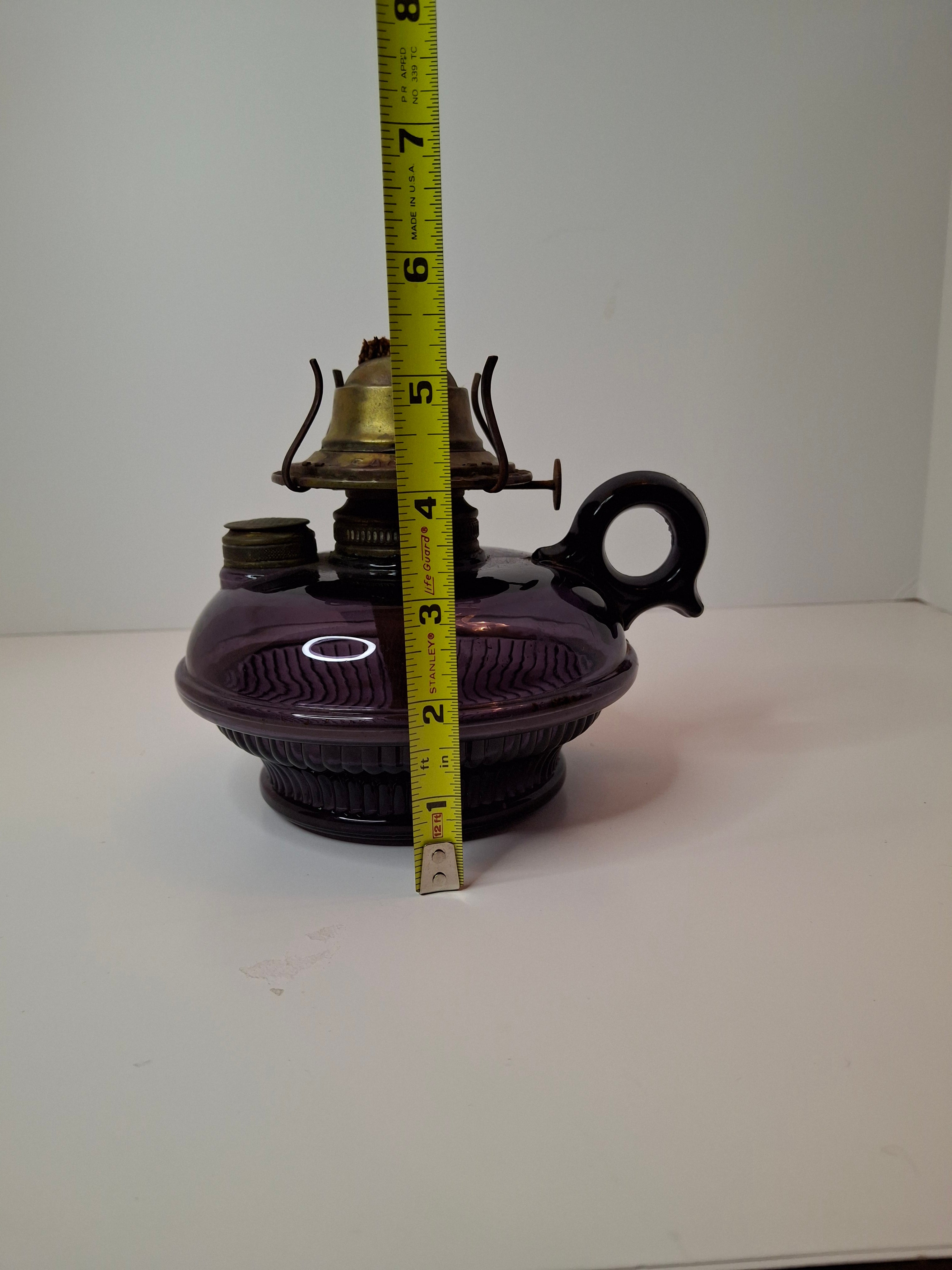 Antique Amethyst Glass Finger Lamp w/ Side Fill & Eagle Burner, Victorian Oil Lamp