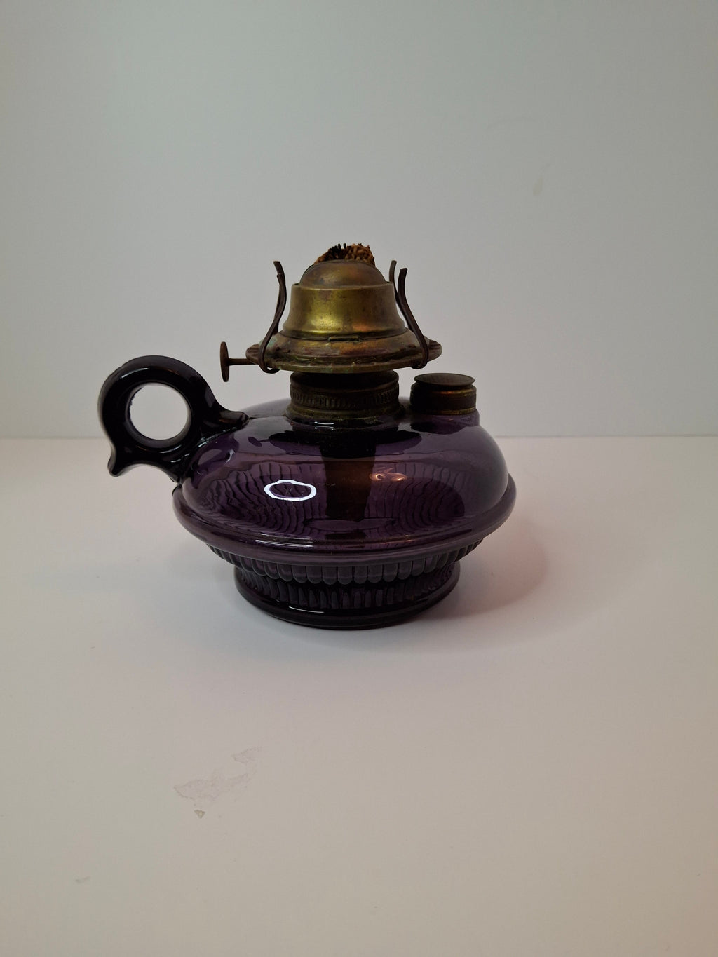 Antique Amethyst Glass Finger Lamp w/ Side Fill & Eagle Burner, Victorian Oil Lamp