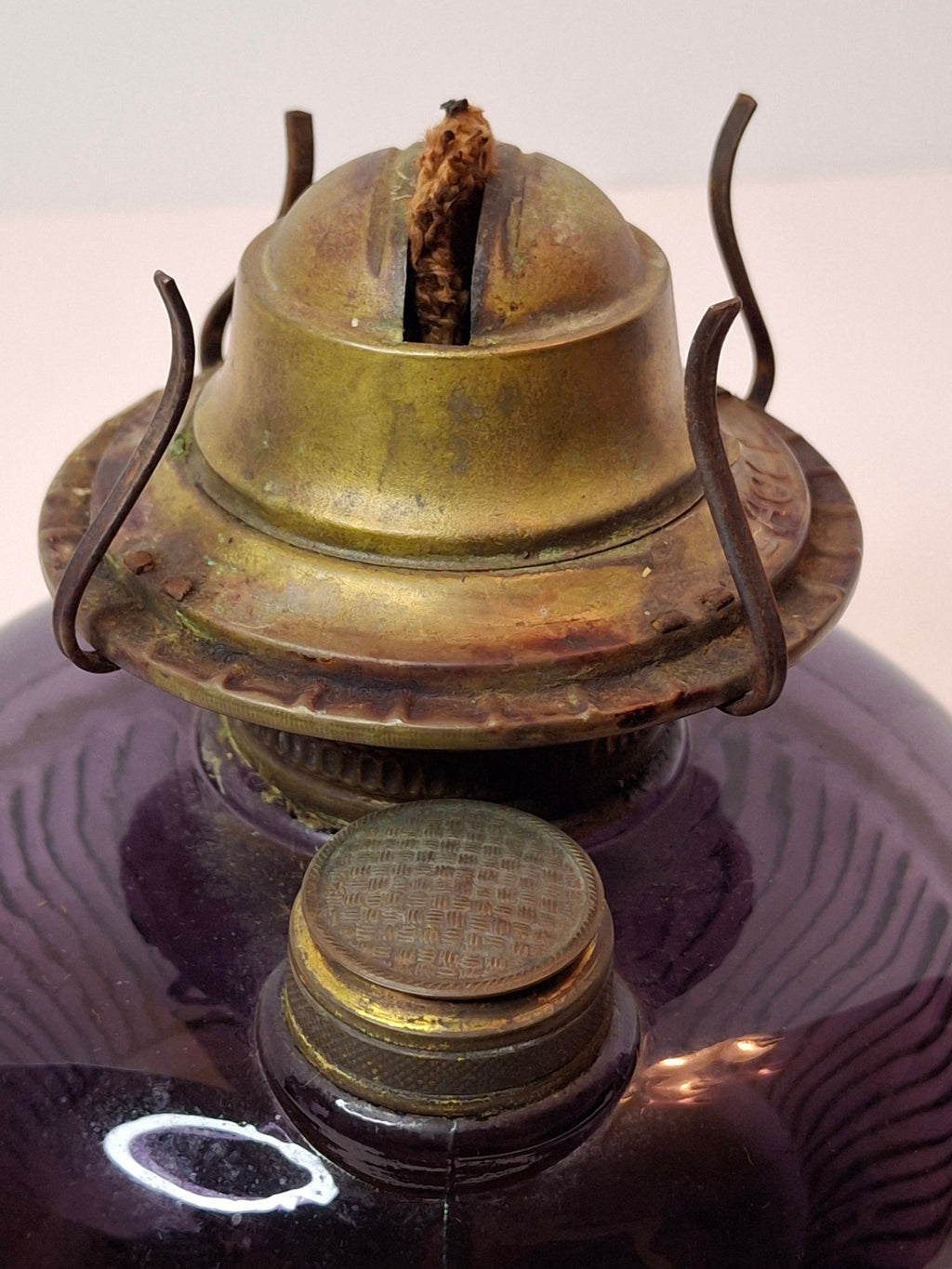 Antique Amethyst Glass Finger Lamp w/ Side Fill & Eagle Burner, Victorian Oil Lamp