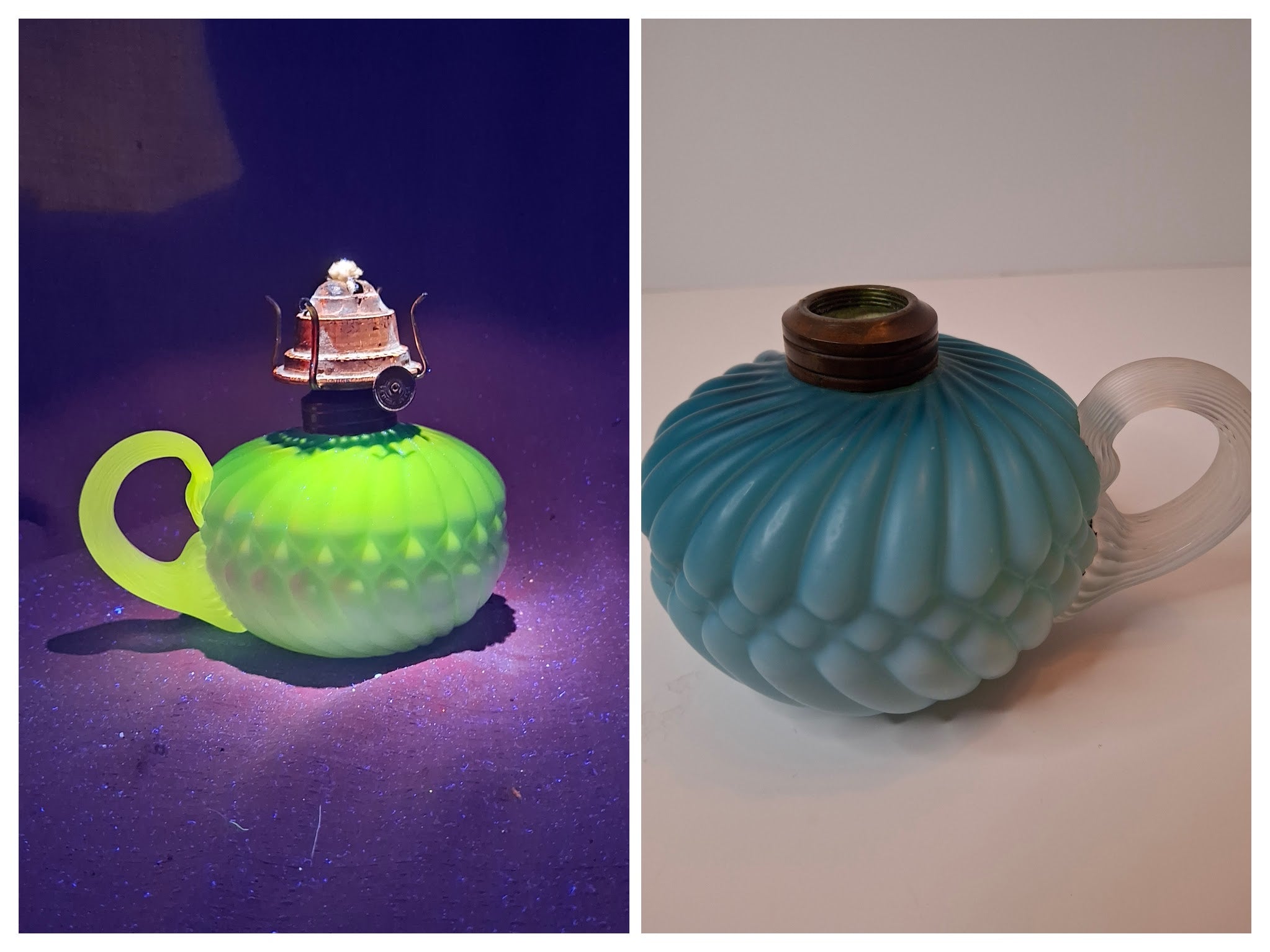 RARE Antique Blue Satin Uranium Glass Kerosene Finger Lamp Hand-Blown UV Glow