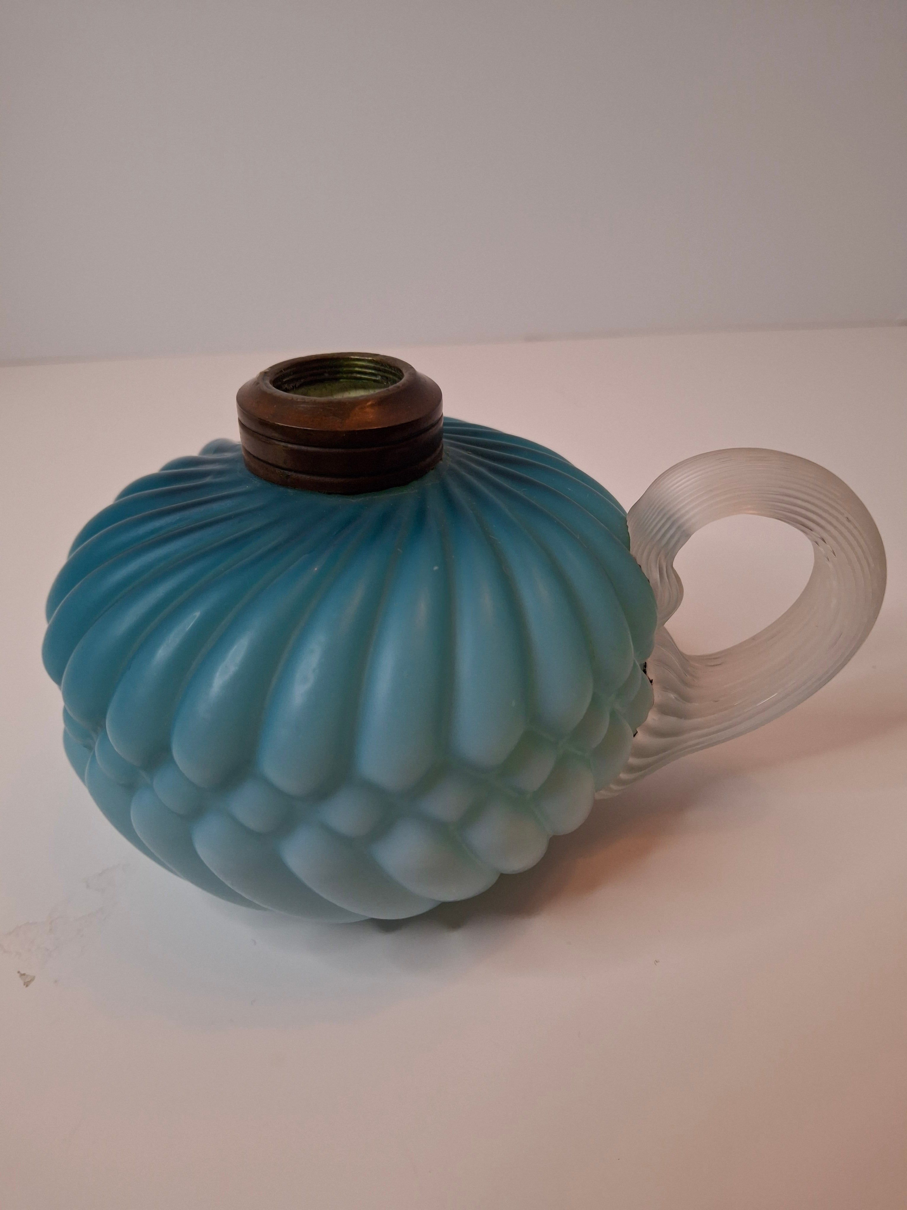 RARE Antique Blue Satin Uranium Glass Kerosene Finger Lamp Hand-Blown UV Glow