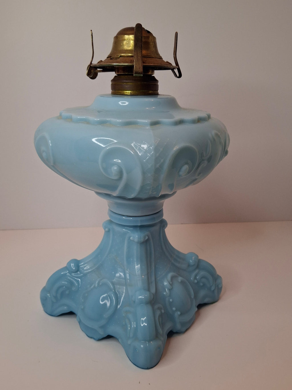 Antique Opaque Blue Glass Kerosene Lamp Princess Feather Pattern Scovill No 2