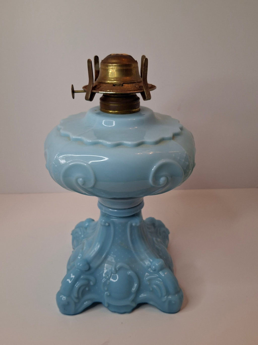 Antique Opaque Blue Glass Kerosene Lamp Princess Feather Pattern Scovill No 2