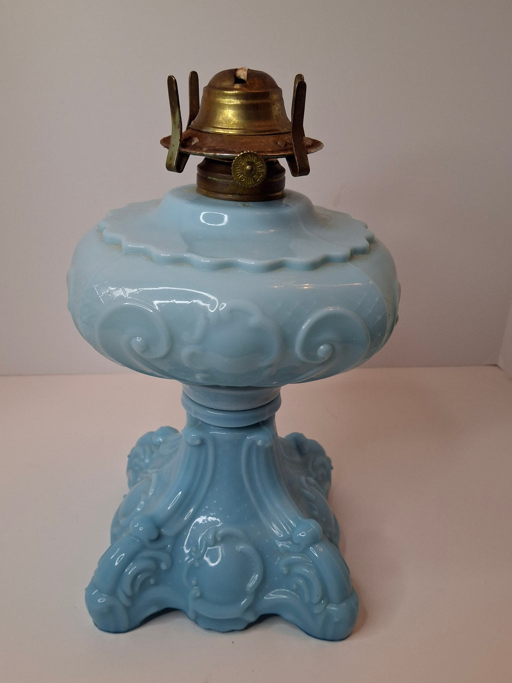Antique Opaque Blue Glass Kerosene Lamp Princess Feather Pattern Scovill No 2