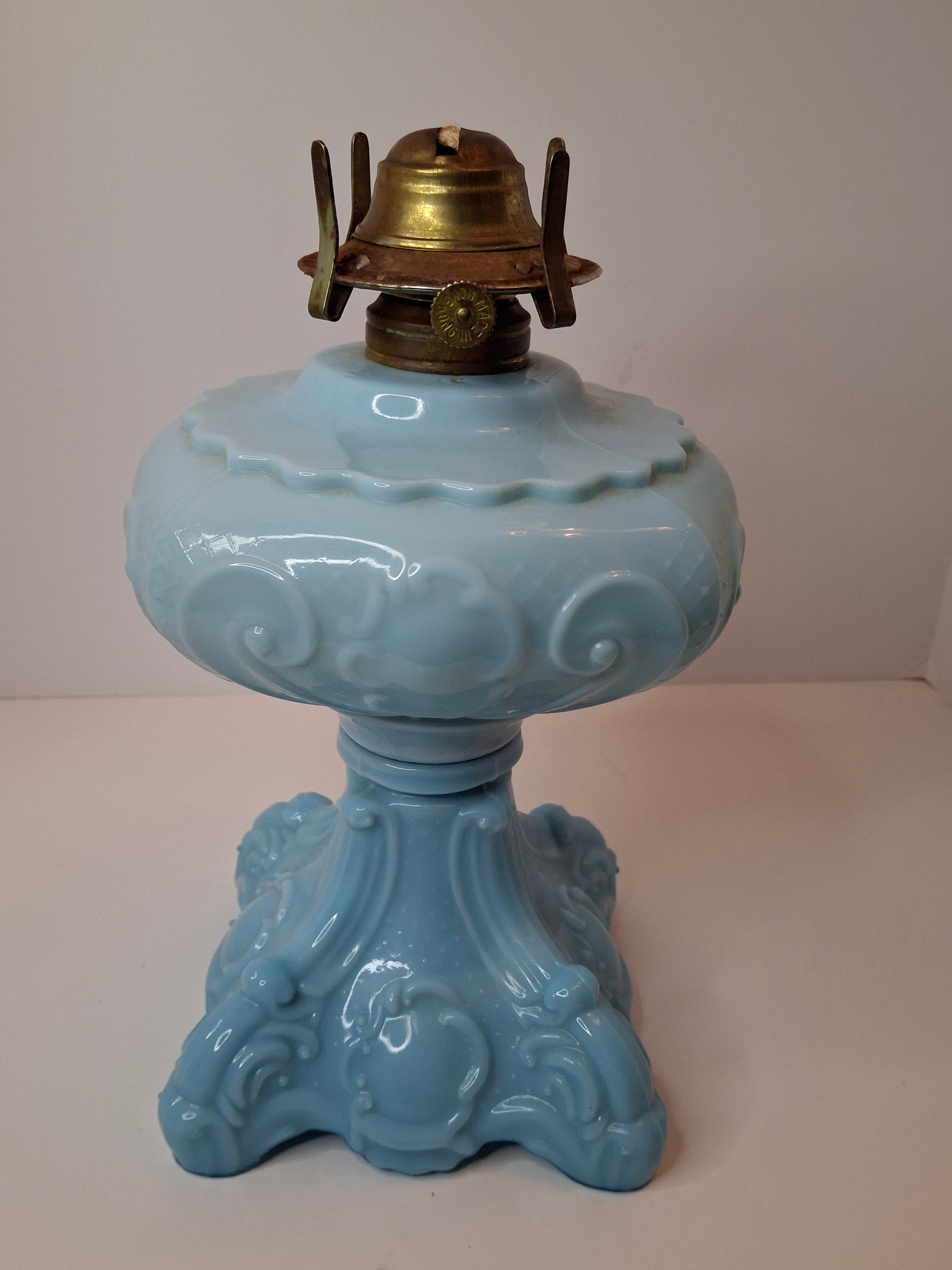 Antique Opaque Blue Glass Kerosene Lamp Princess Feather Pattern Scovill No 2