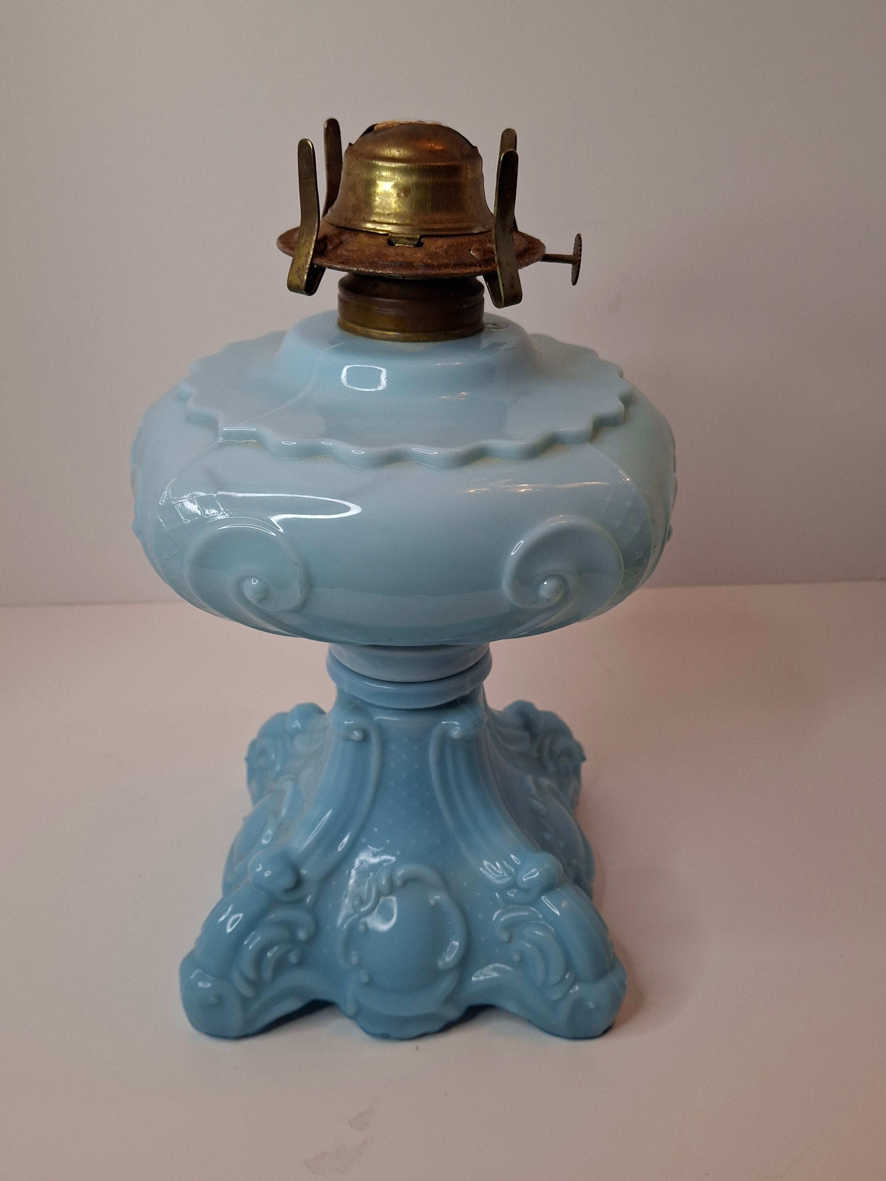 Antique Opaque Blue Glass Kerosene Lamp Princess Feather Pattern Scovill No 2
