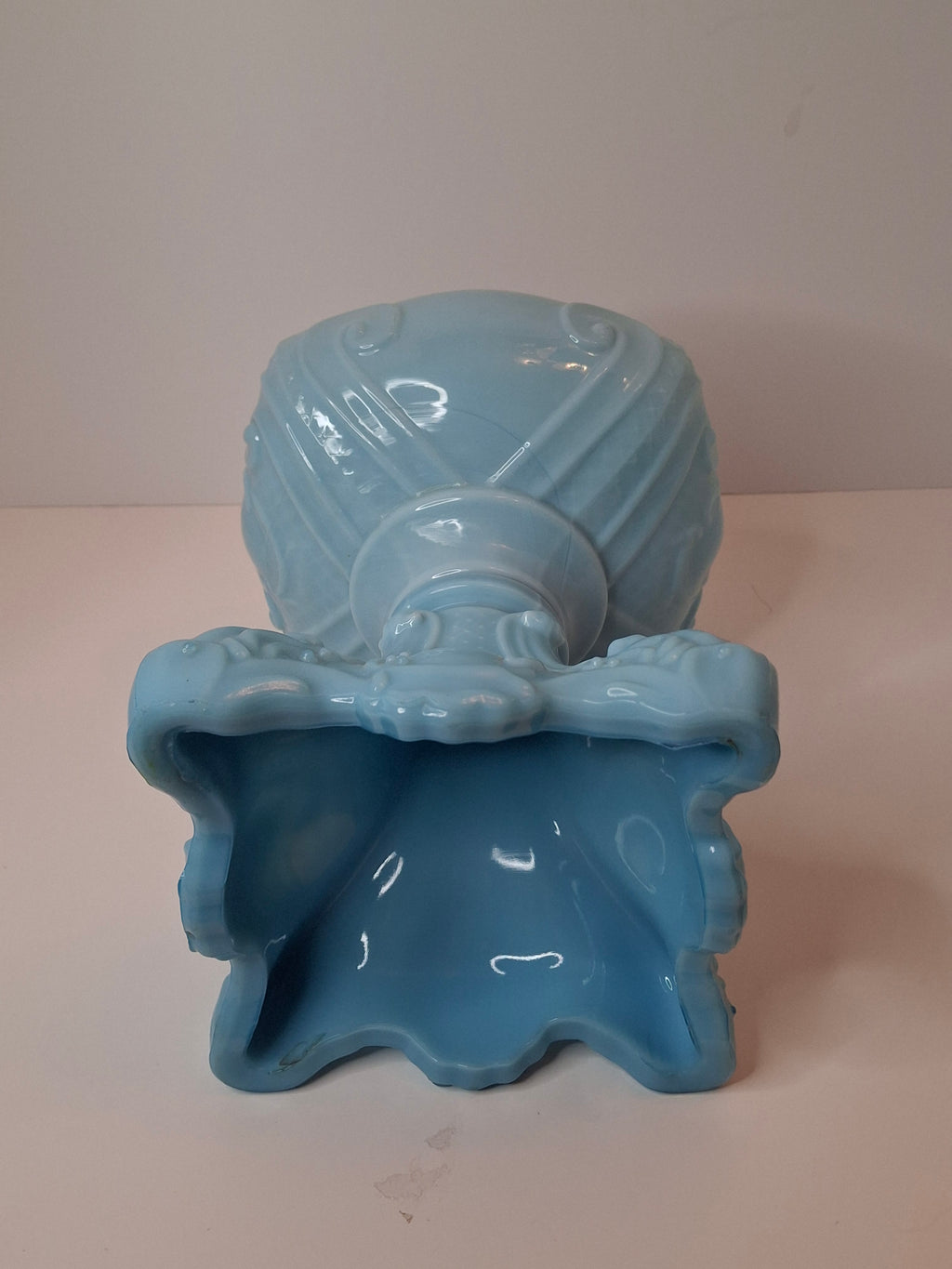 Antique Opaque Blue Glass Kerosene Lamp Princess Feather Pattern Scovill No 2