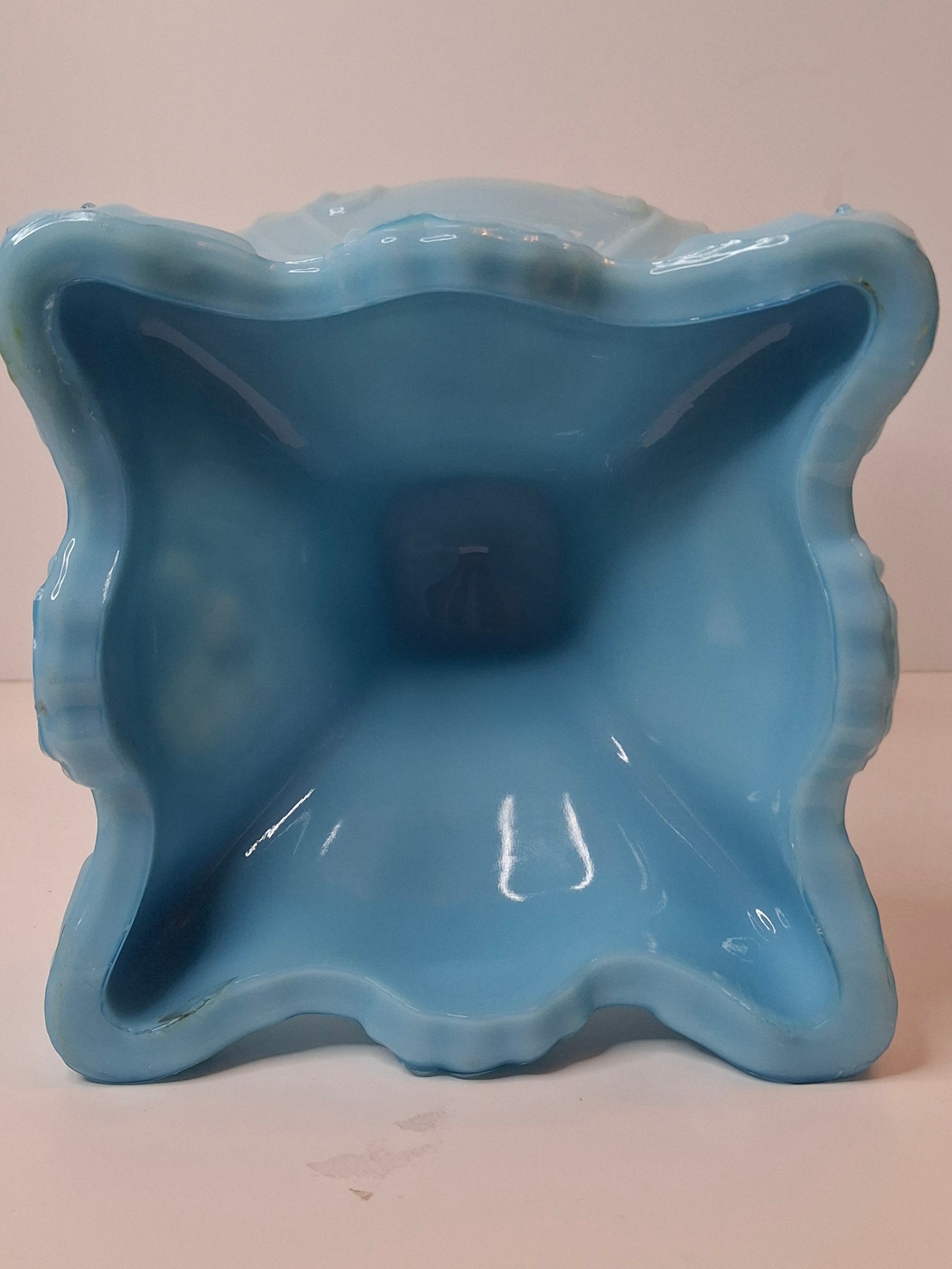 Antique Opaque Blue Glass Kerosene Lamp Princess Feather Pattern Scovill No 2