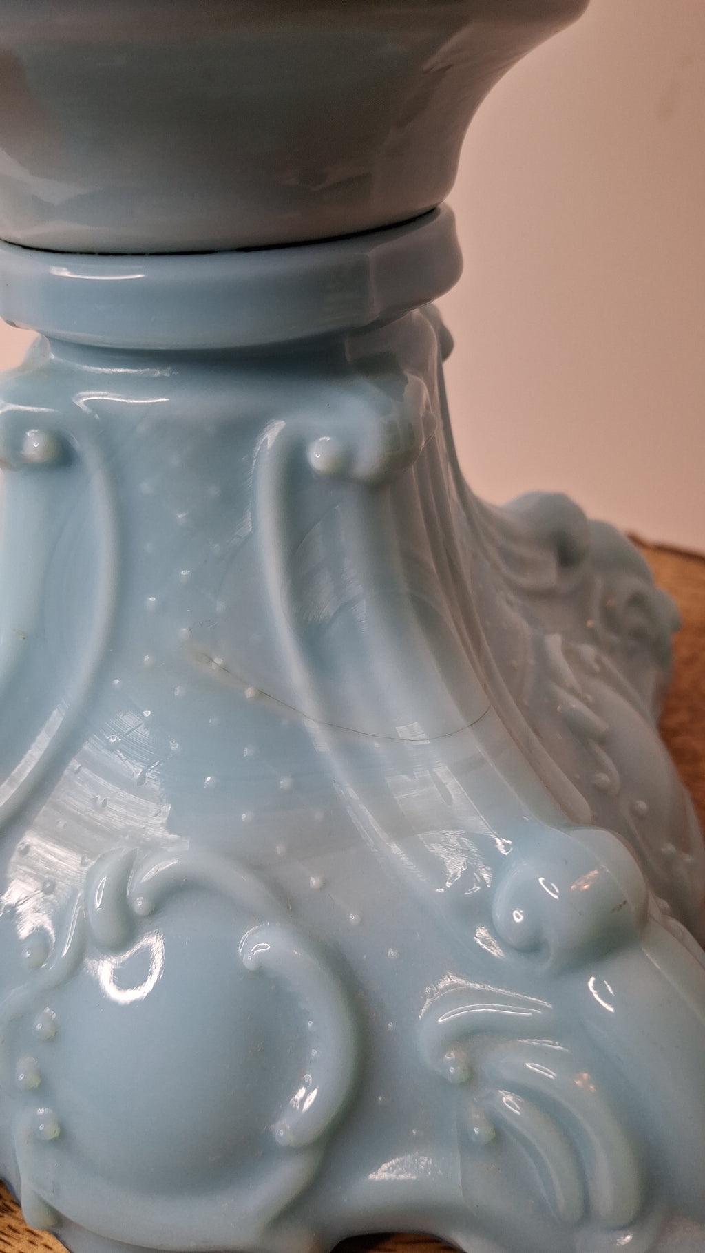 Antique Opaque Blue Glass Kerosene Lamp Princess Feather Pattern Scovill No 2