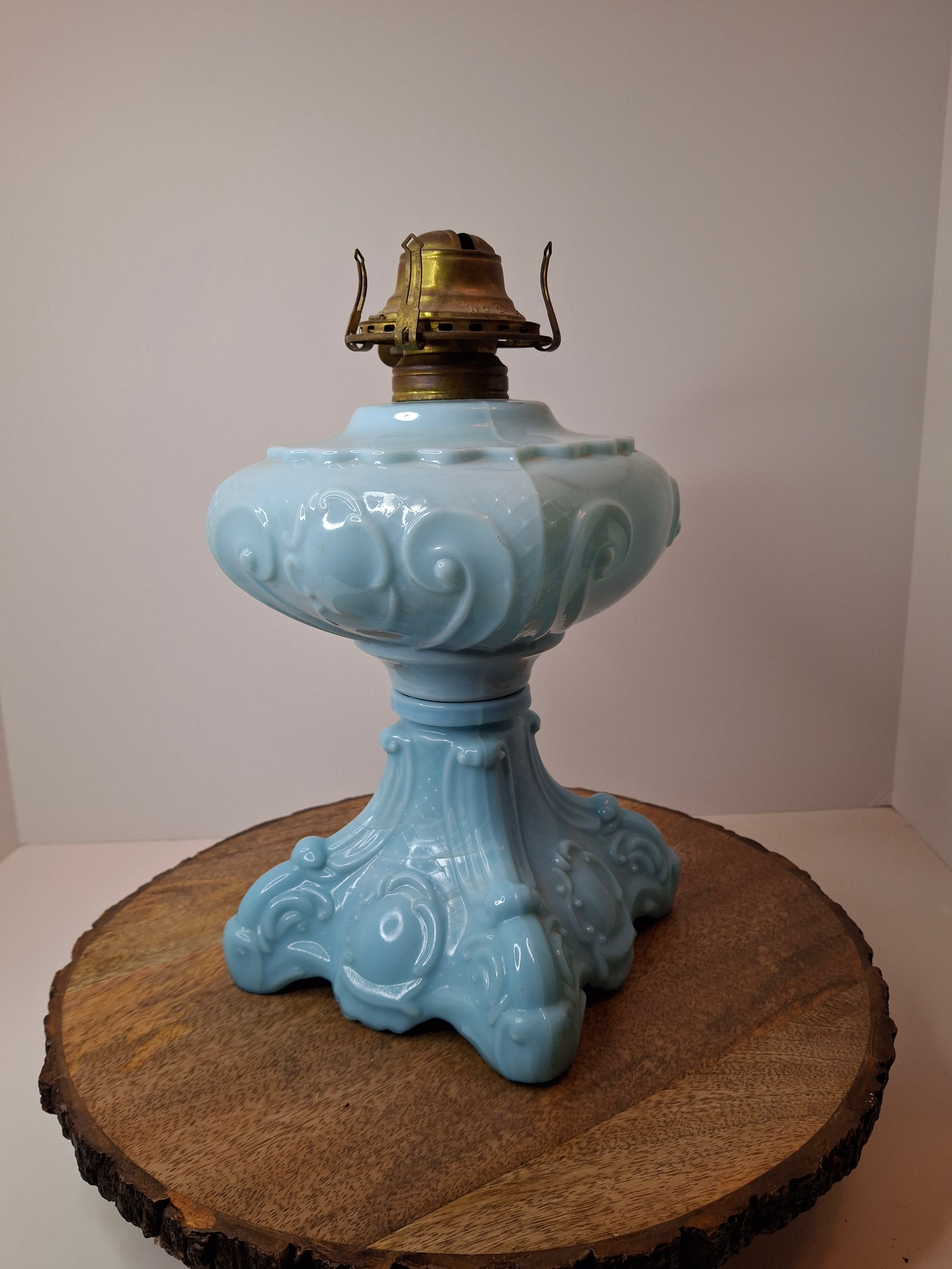 Antique Opaque Blue Glass Kerosene Lamp Princess Feather Pattern Scovill No 2