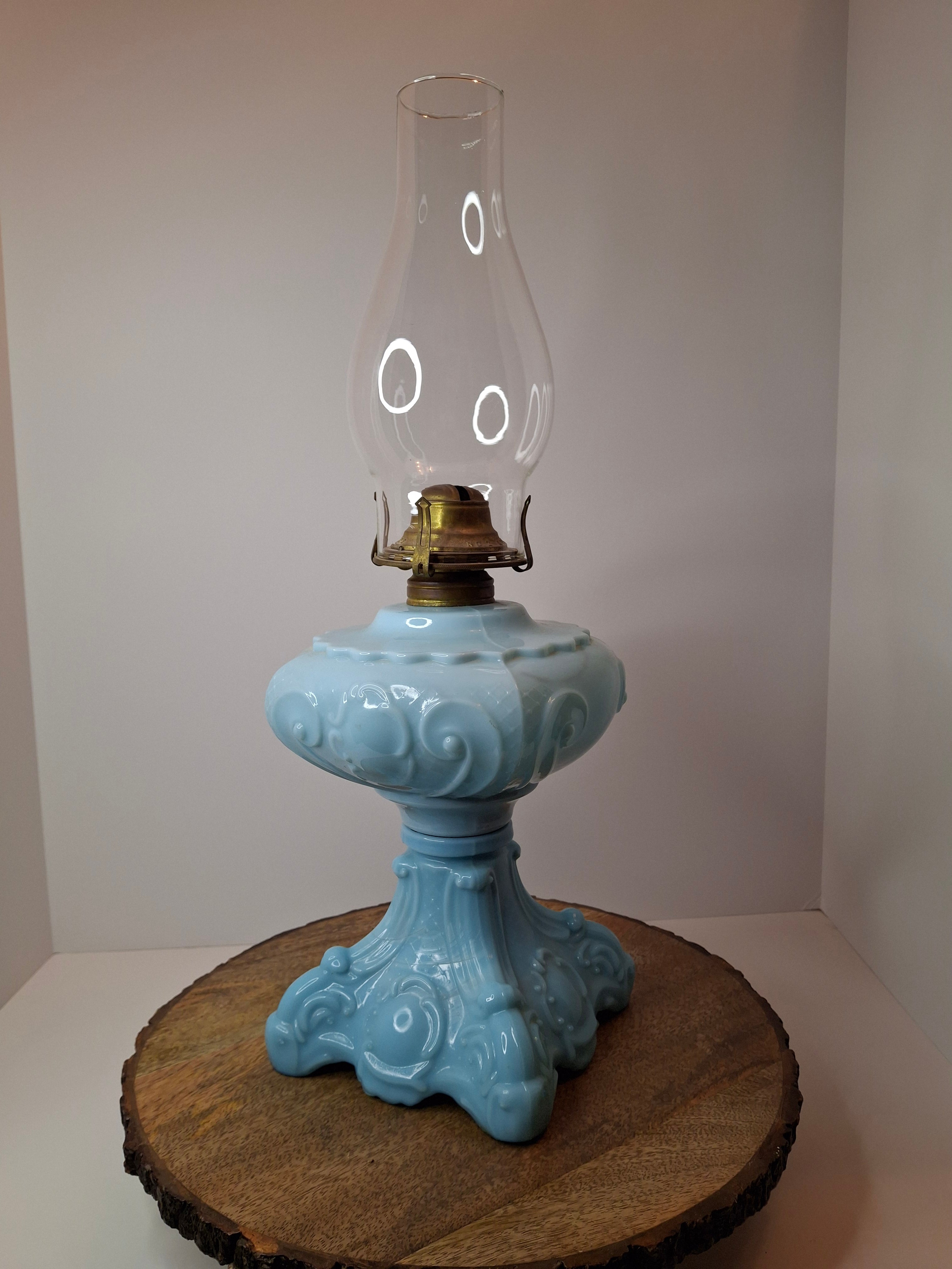 Antique Opaque Blue Glass Kerosene Lamp Princess Feather Pattern Scovill No 2