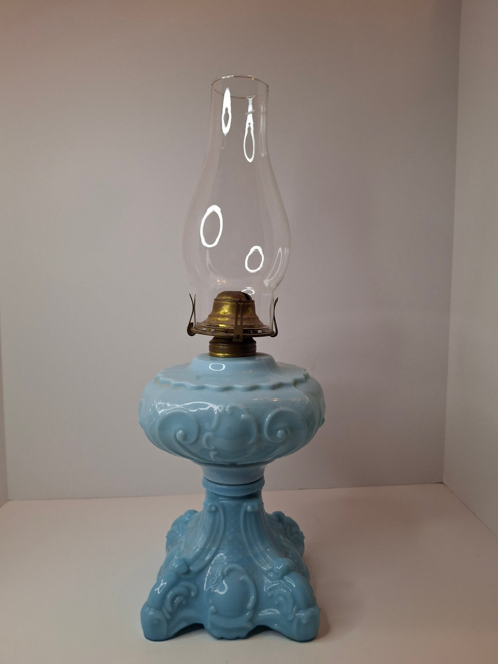 Antique Opaque Blue Glass Kerosene Lamp Princess Feather Pattern Scovill No 2
