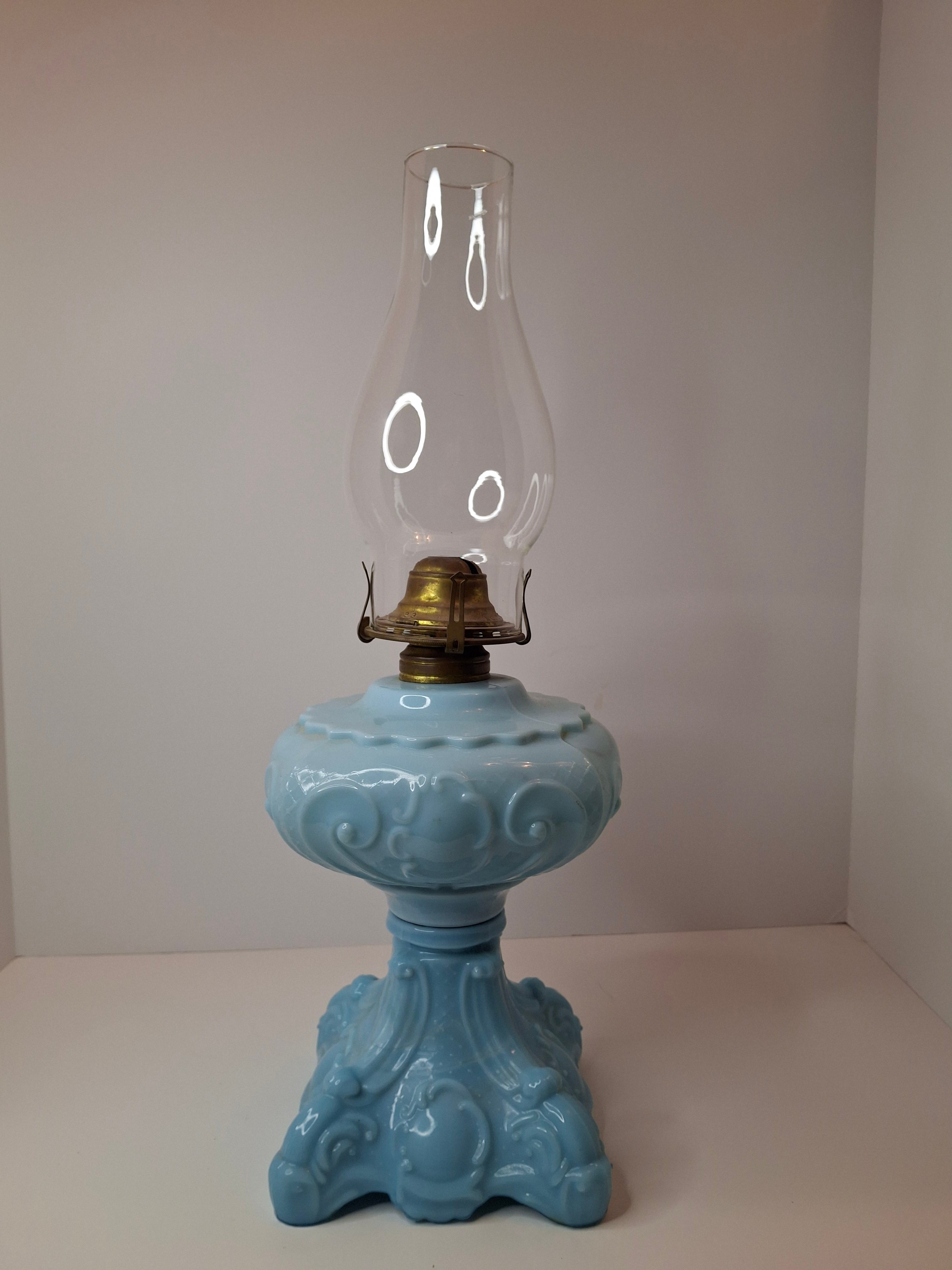 Antique Opaque Blue Glass Kerosene Lamp Princess Feather Pattern Scovill No 2