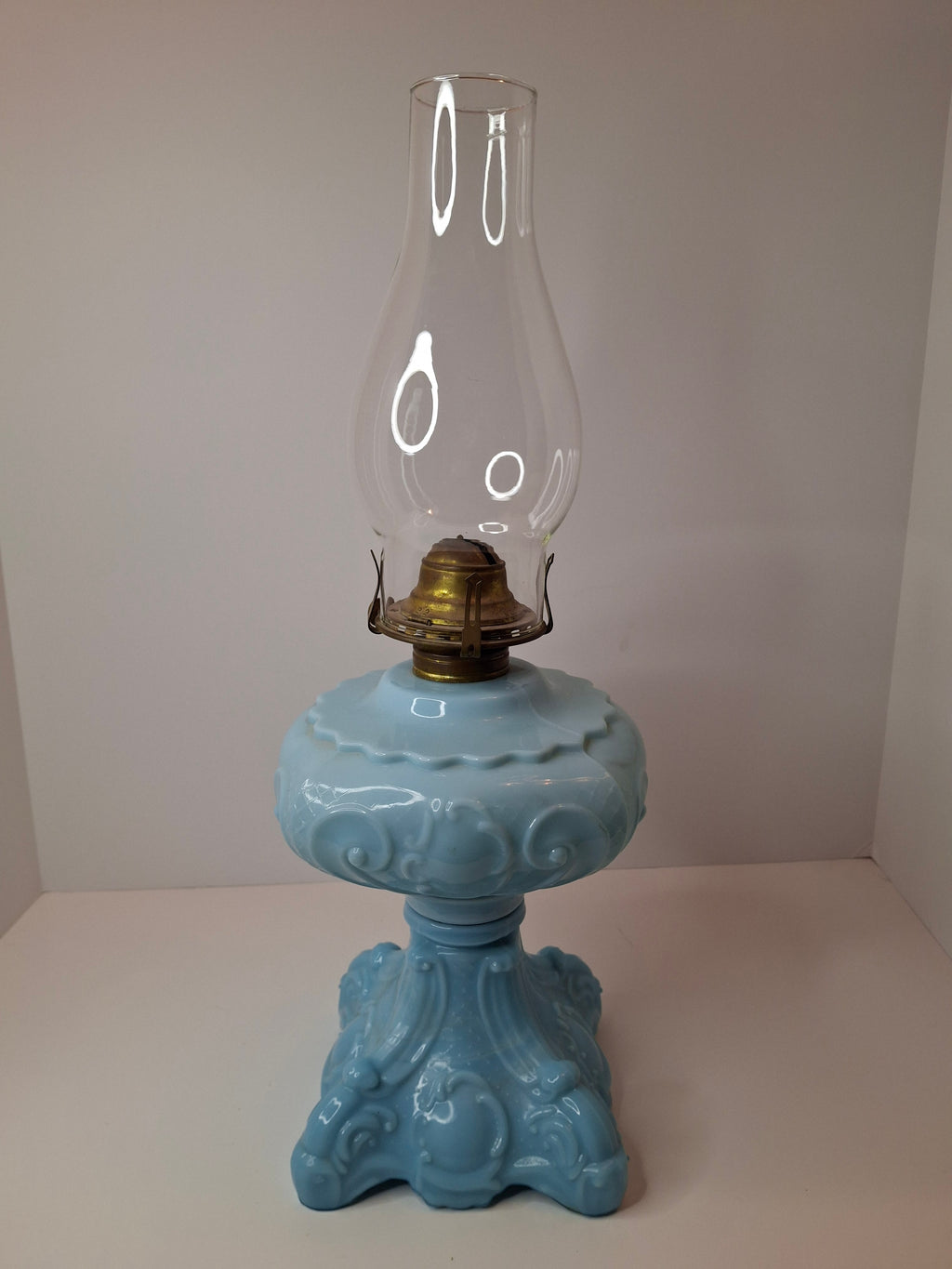 Antique Opaque Blue Glass Kerosene Lamp Princess Feather Pattern Scovill No 2